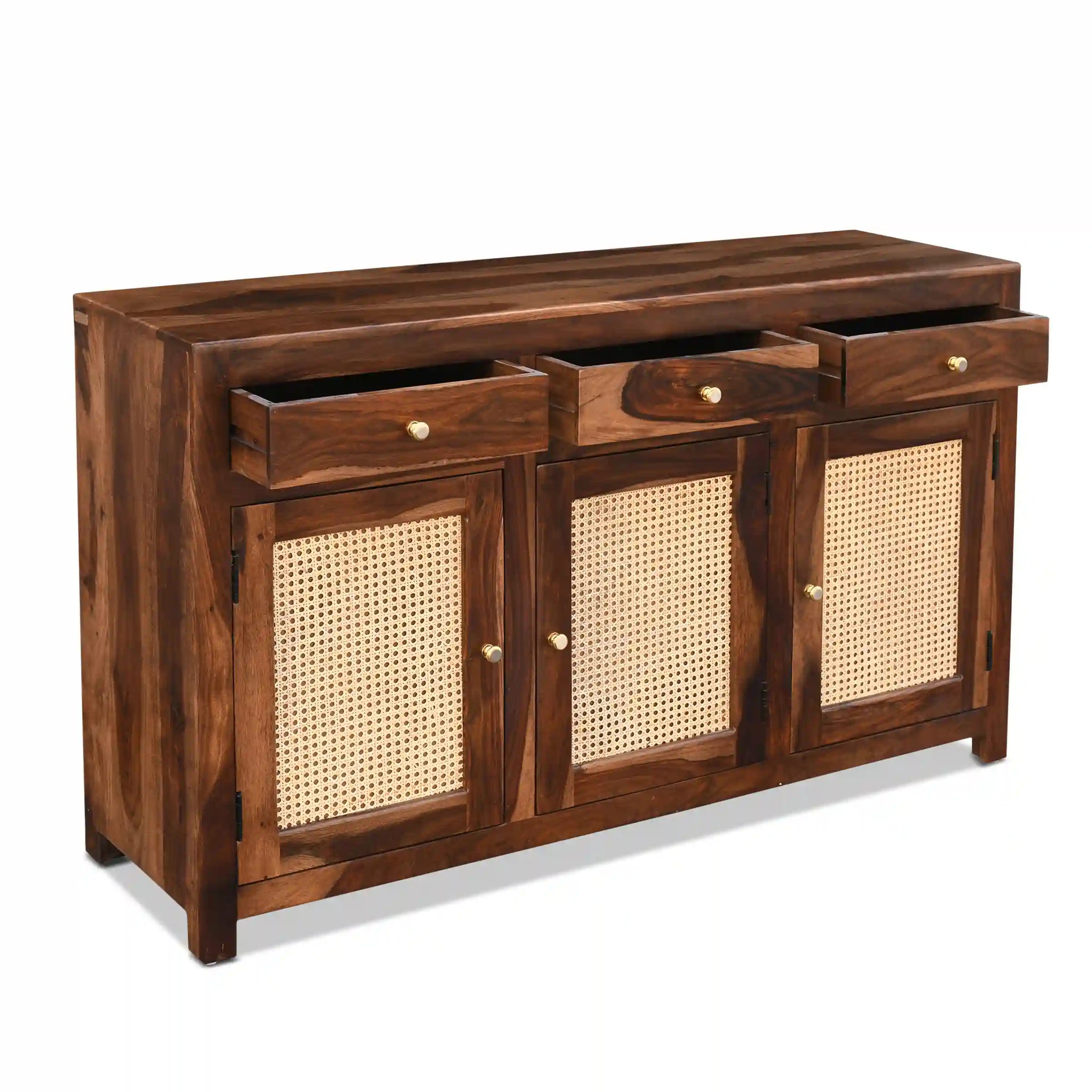 Rattan cane sideboard solid sheesham wood display storage furniture