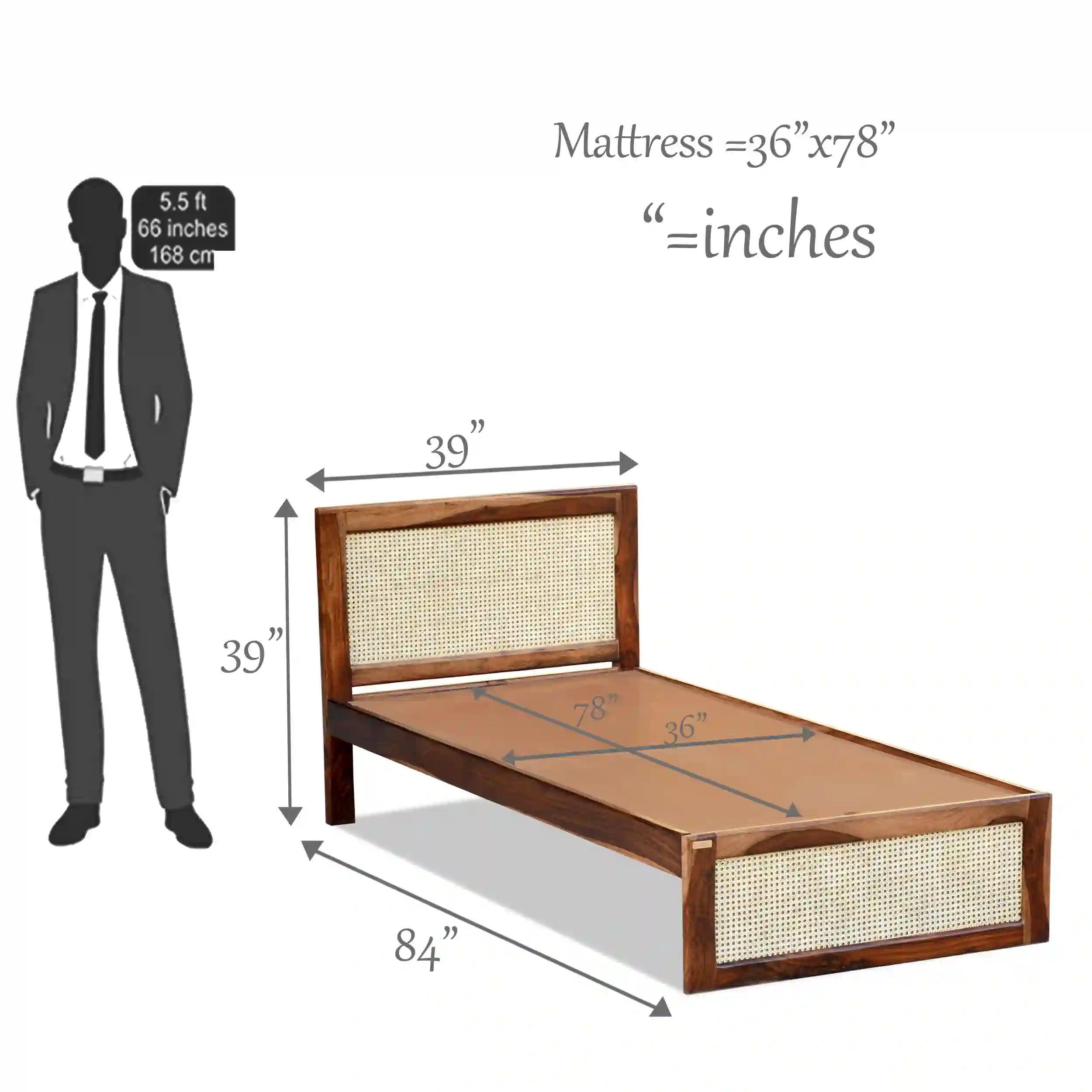 rattan sheesham wood cane single bed clean simple modern design solid wood furniture