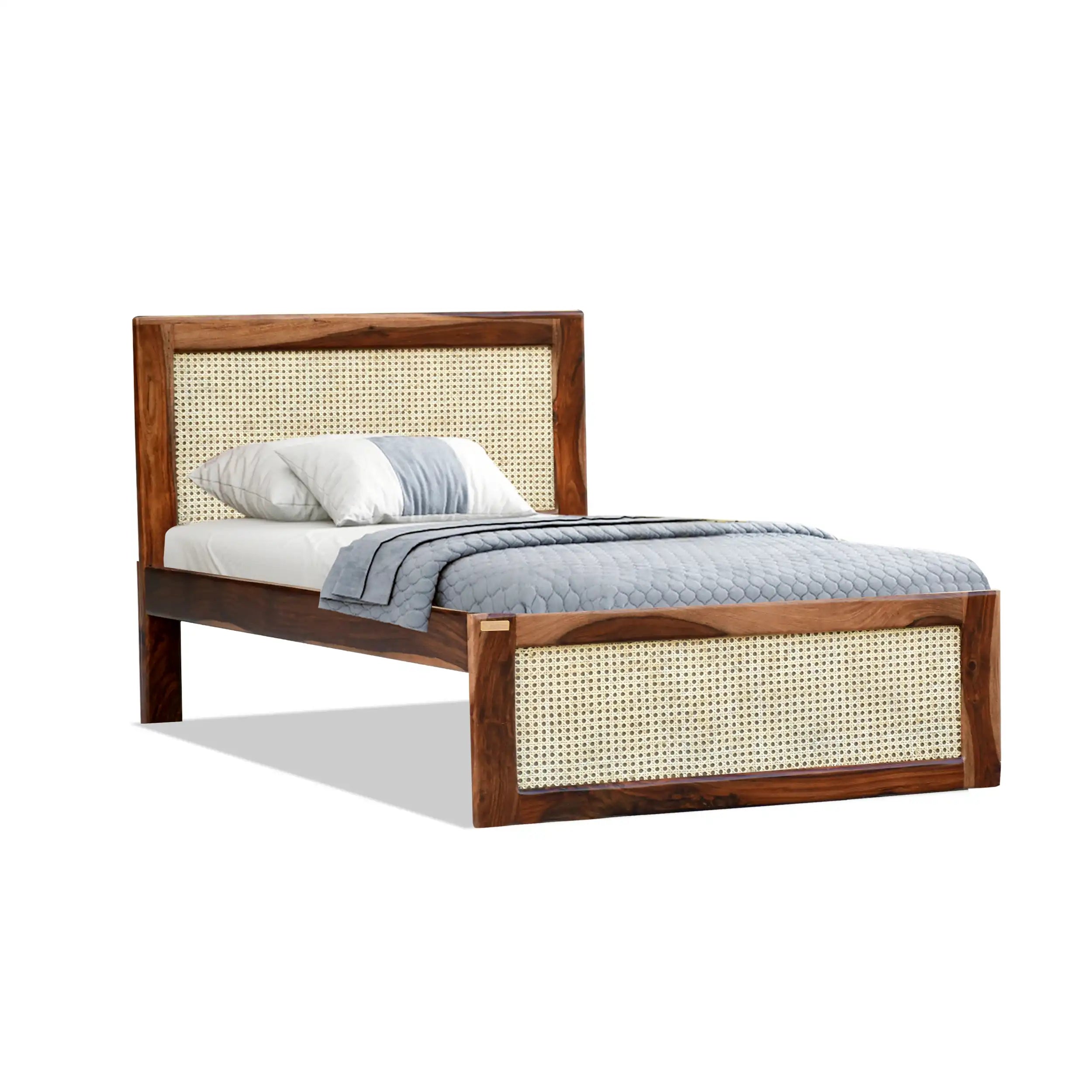 rattan solid sheesham wood cane single bed minimal modern wooden bed design