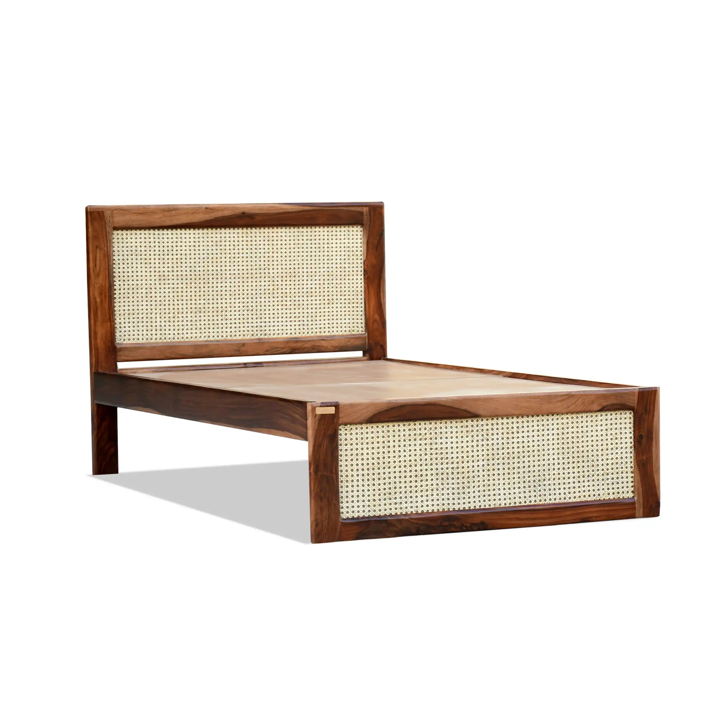 rattan sheesham wood cane single bed teak finish premium wooden cane bed design
