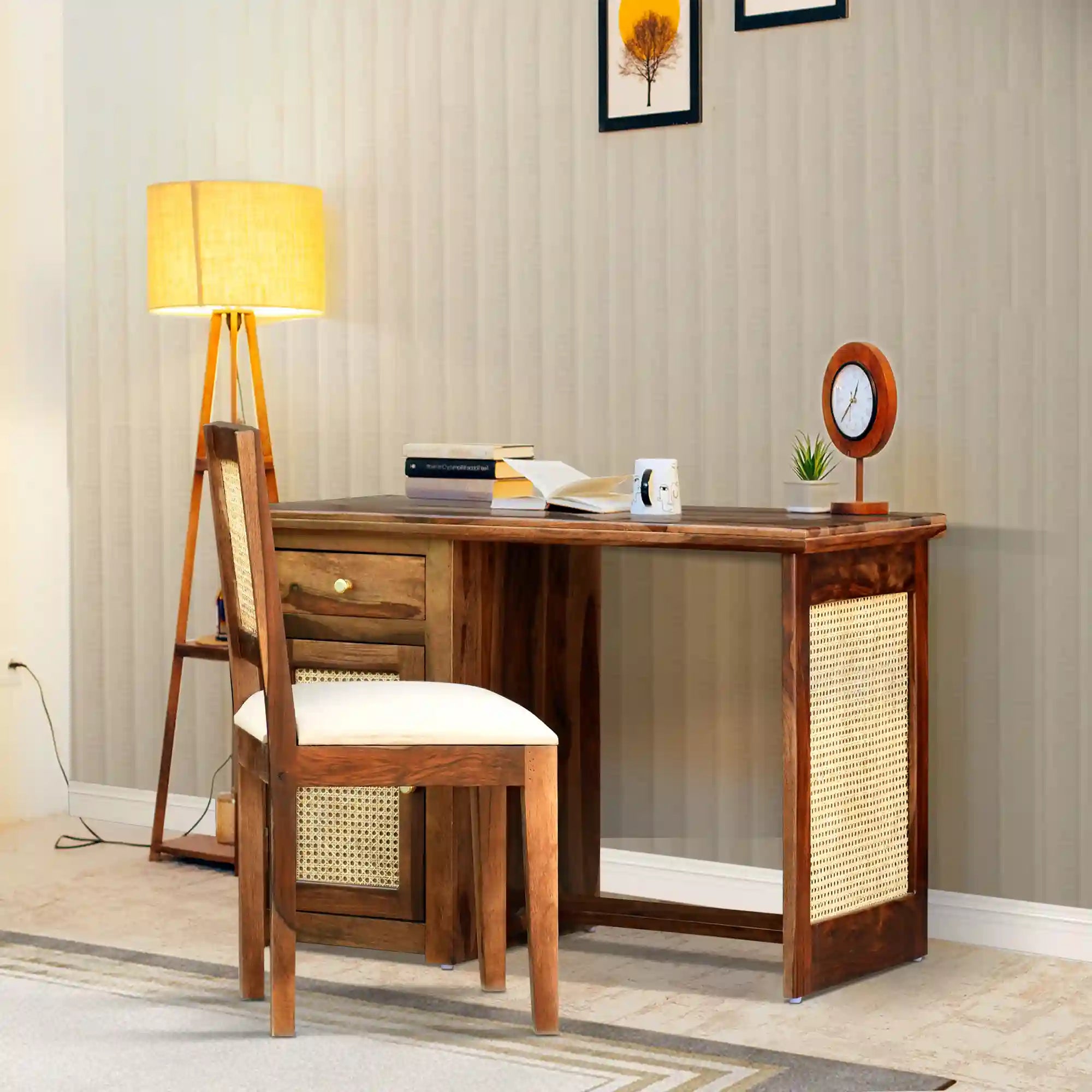 Rattan cane study desk sheesham wood workstation table modern home India