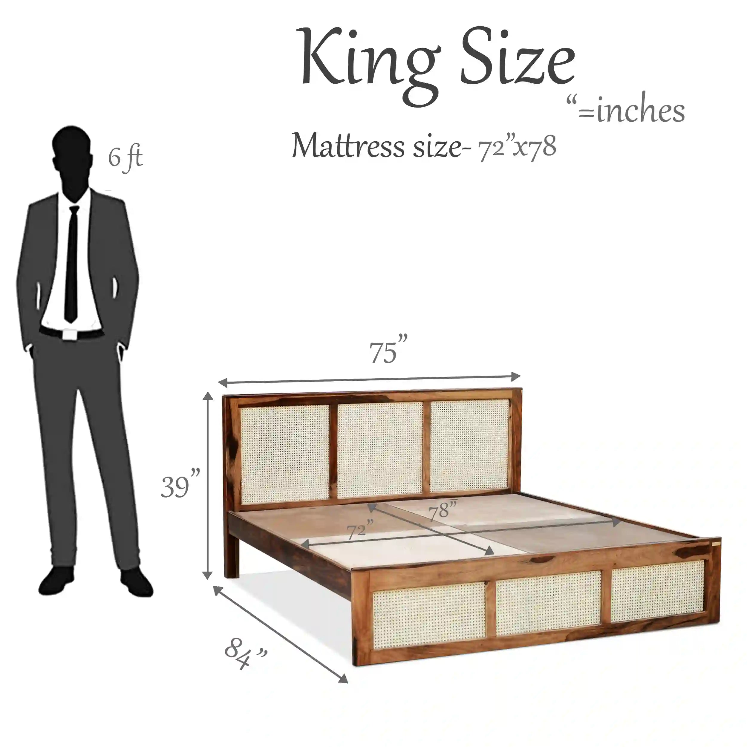 Rattan premium king bed cane design sheesham wood frame