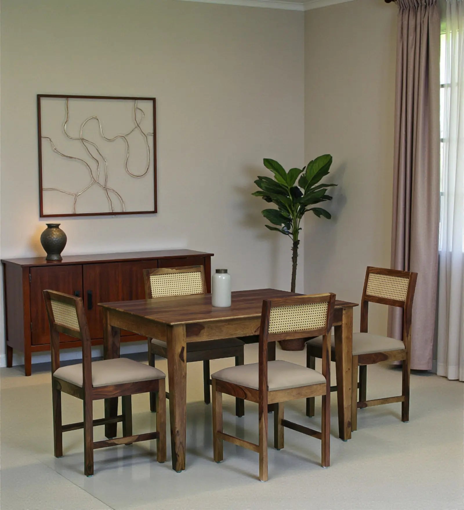 Rattan Solid Wood Cane 4 Seater Dining Table Set