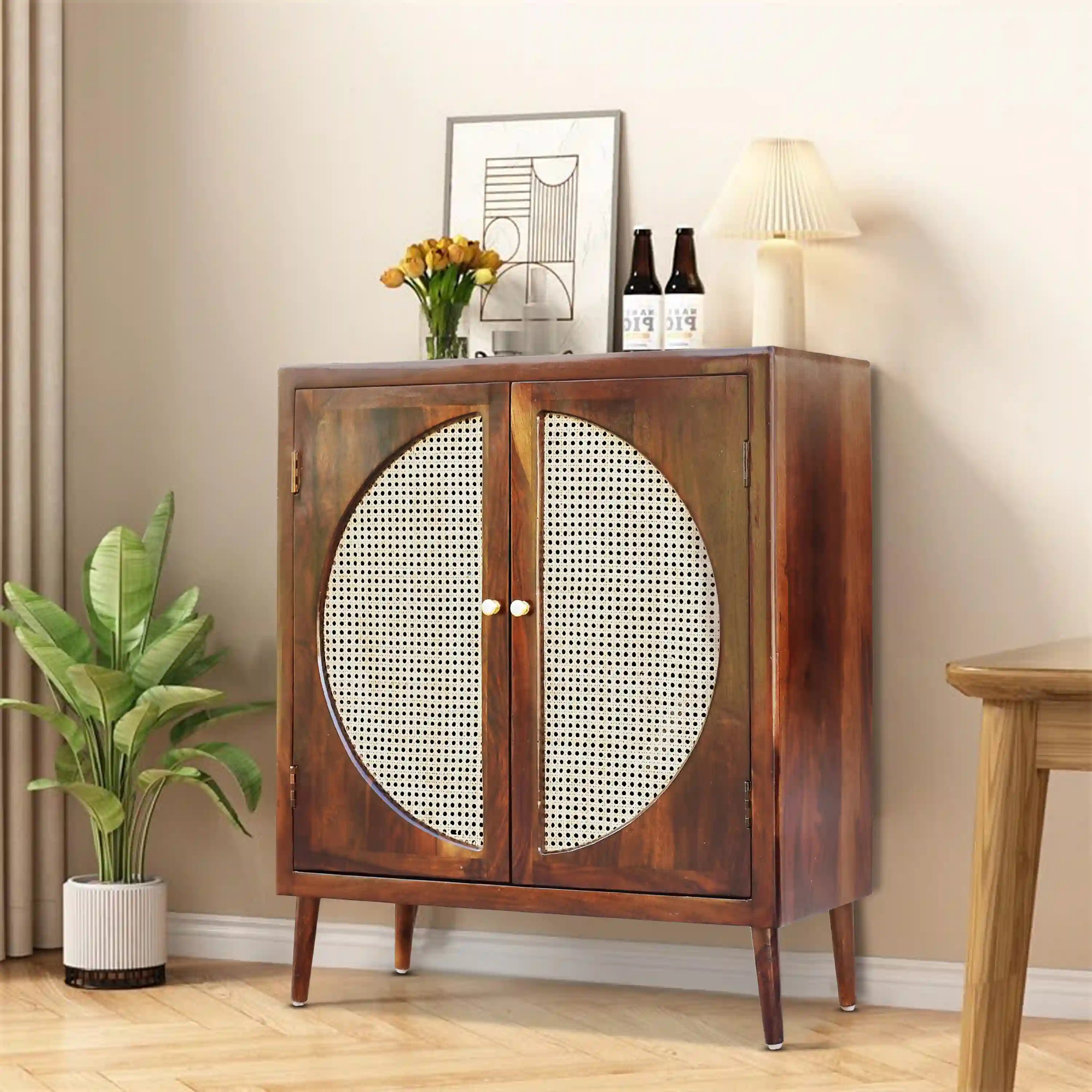 Rattan sheesham wood cane cabinet solid wood storage unit modern home India