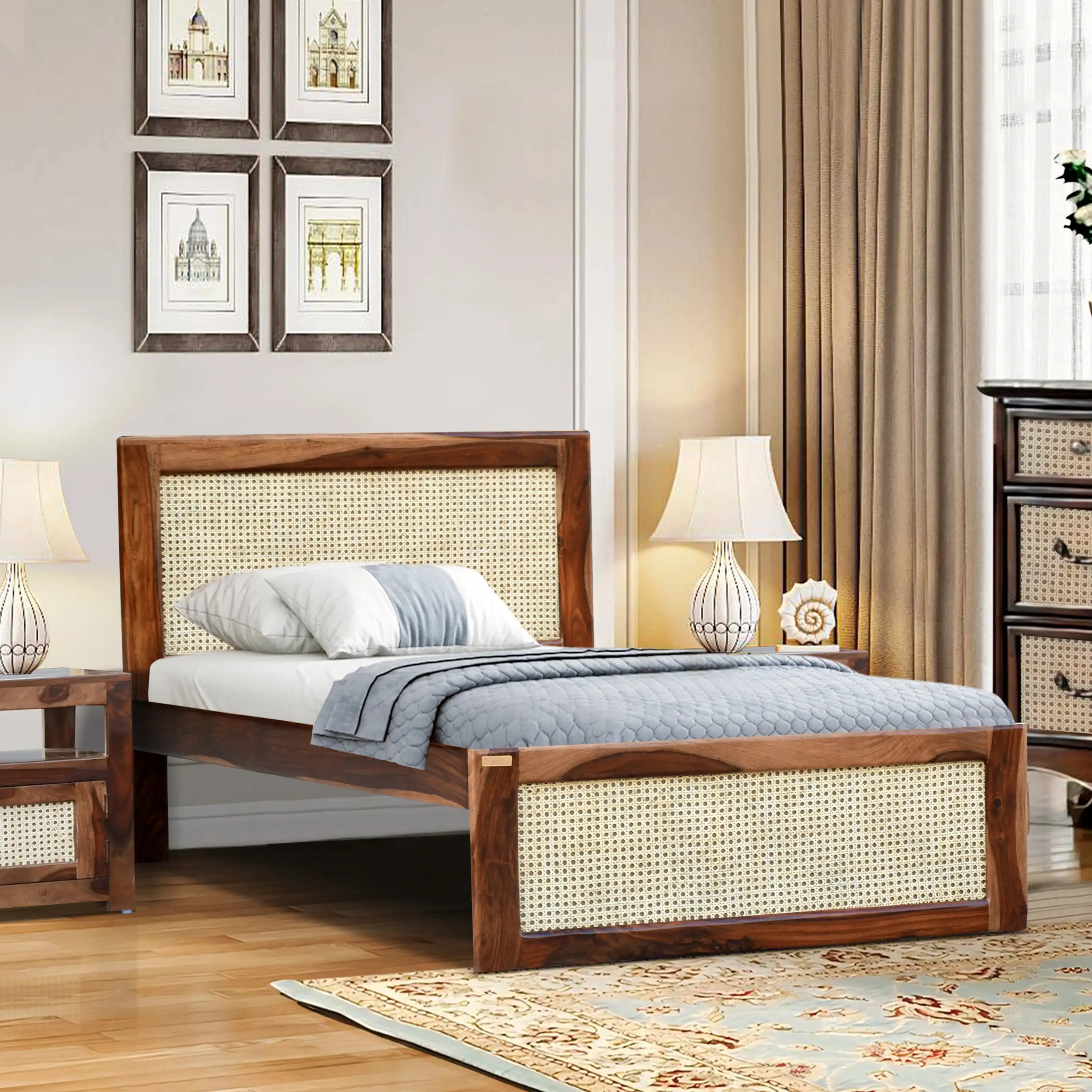 rattan solid sheesham wood cane single bed front view modern wooden cane bed design