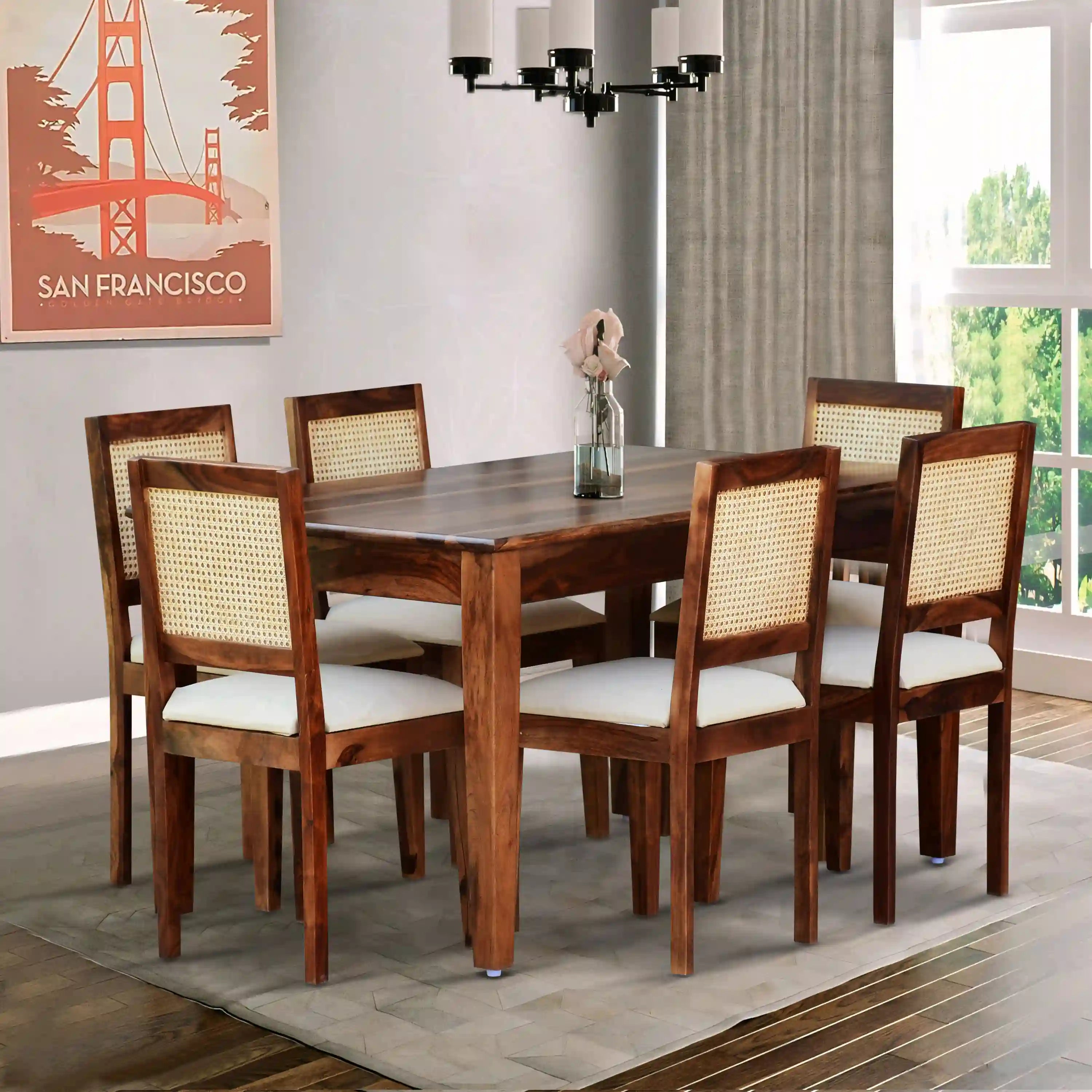 Rattan solid wood cane 6-seater dining table set premium sheesham wood furniture for modern Indian homes