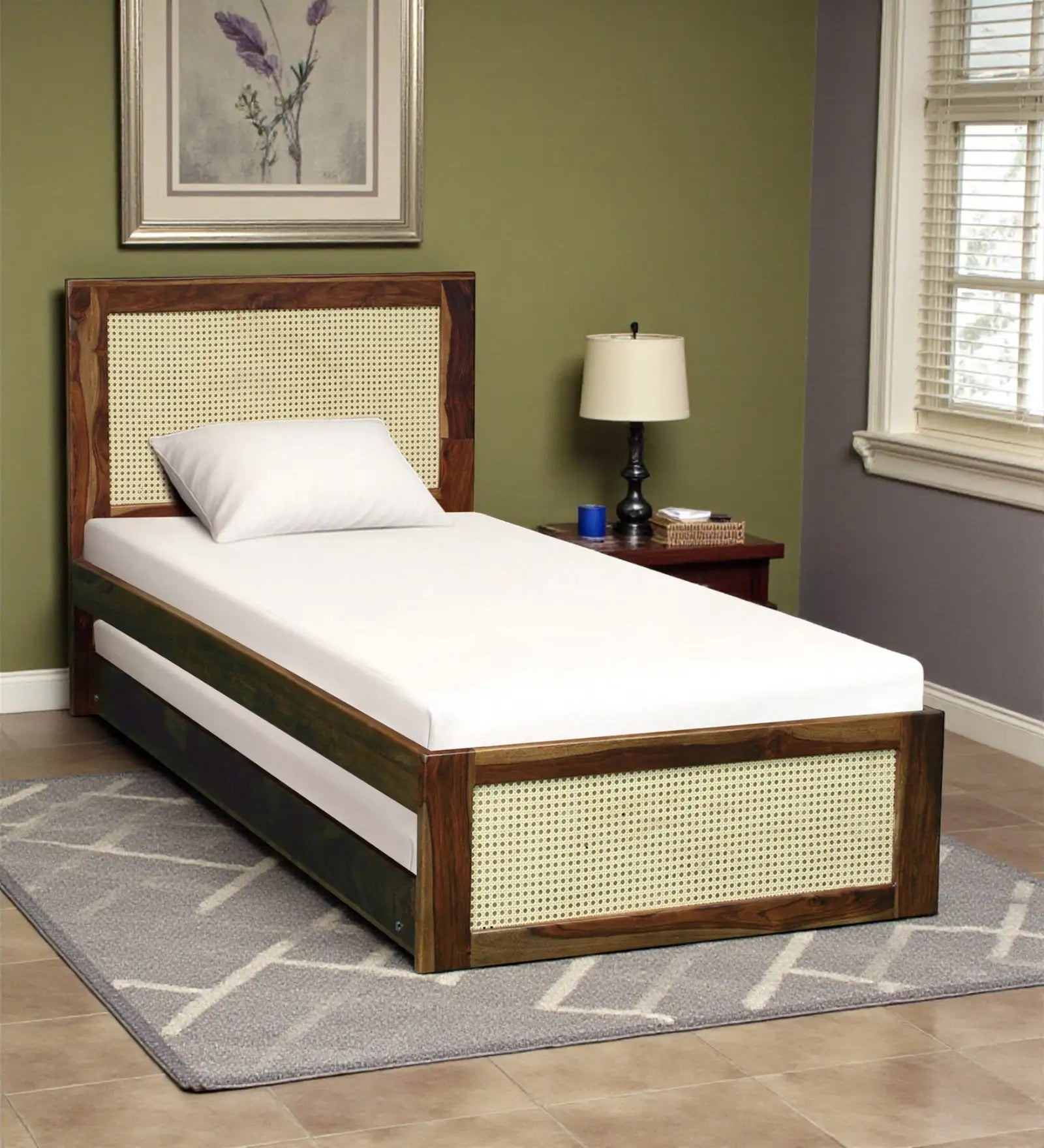 Rattan Solid Wood Single Bed With Trundle