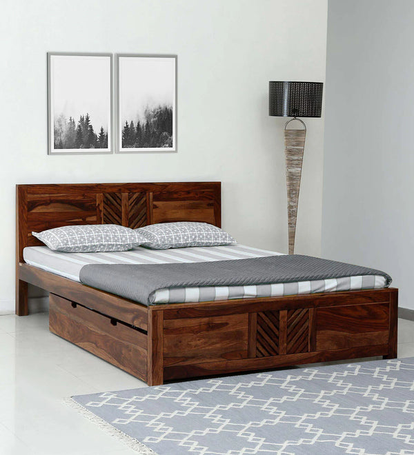 Elista Solid Wood Queen Size Bed With Drawer Storage In Rustic Teak Finish  By Rajwada