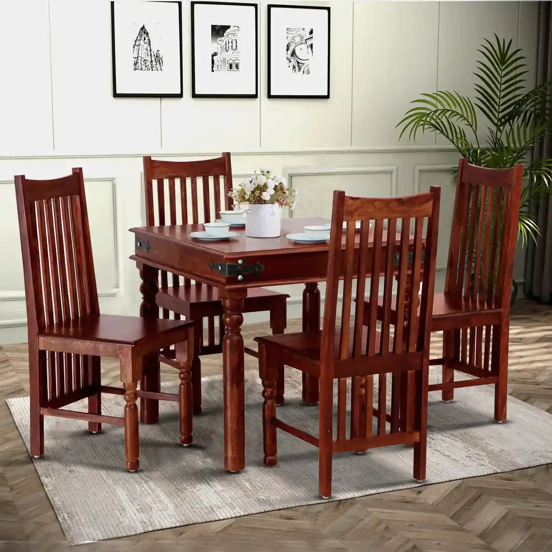 Samrita solid wood four seater dining table set teak finish modern dining furniture