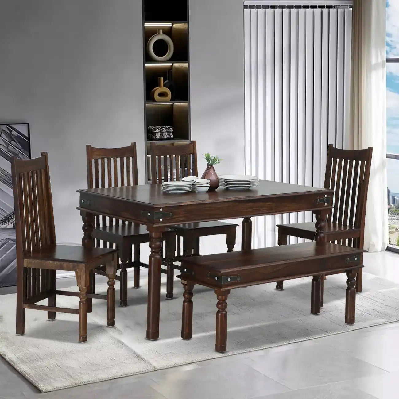 Samrita solid wood six-seater dining table set with bench premium sheesham wood furniture for modern Indian homes
