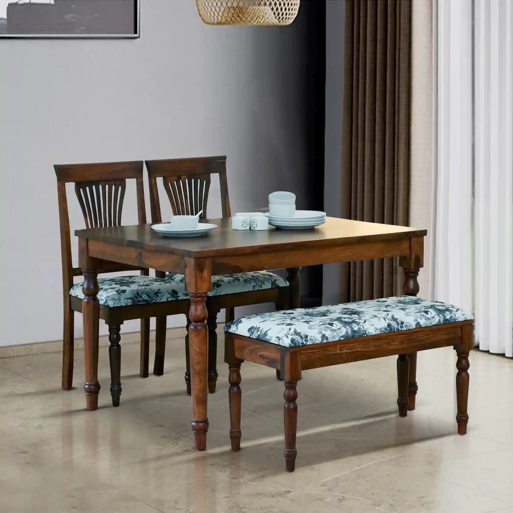 Sheerel solid sheesham wood four seater dining table set premium wooden furniture India