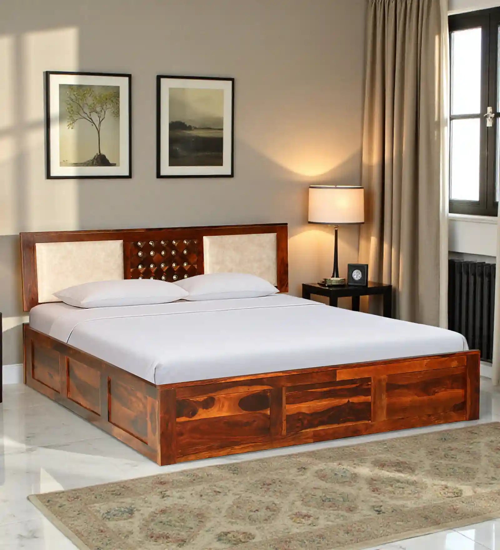 Bakhra Sheesham Wood Queen Size Bed With Hydraulic Storage