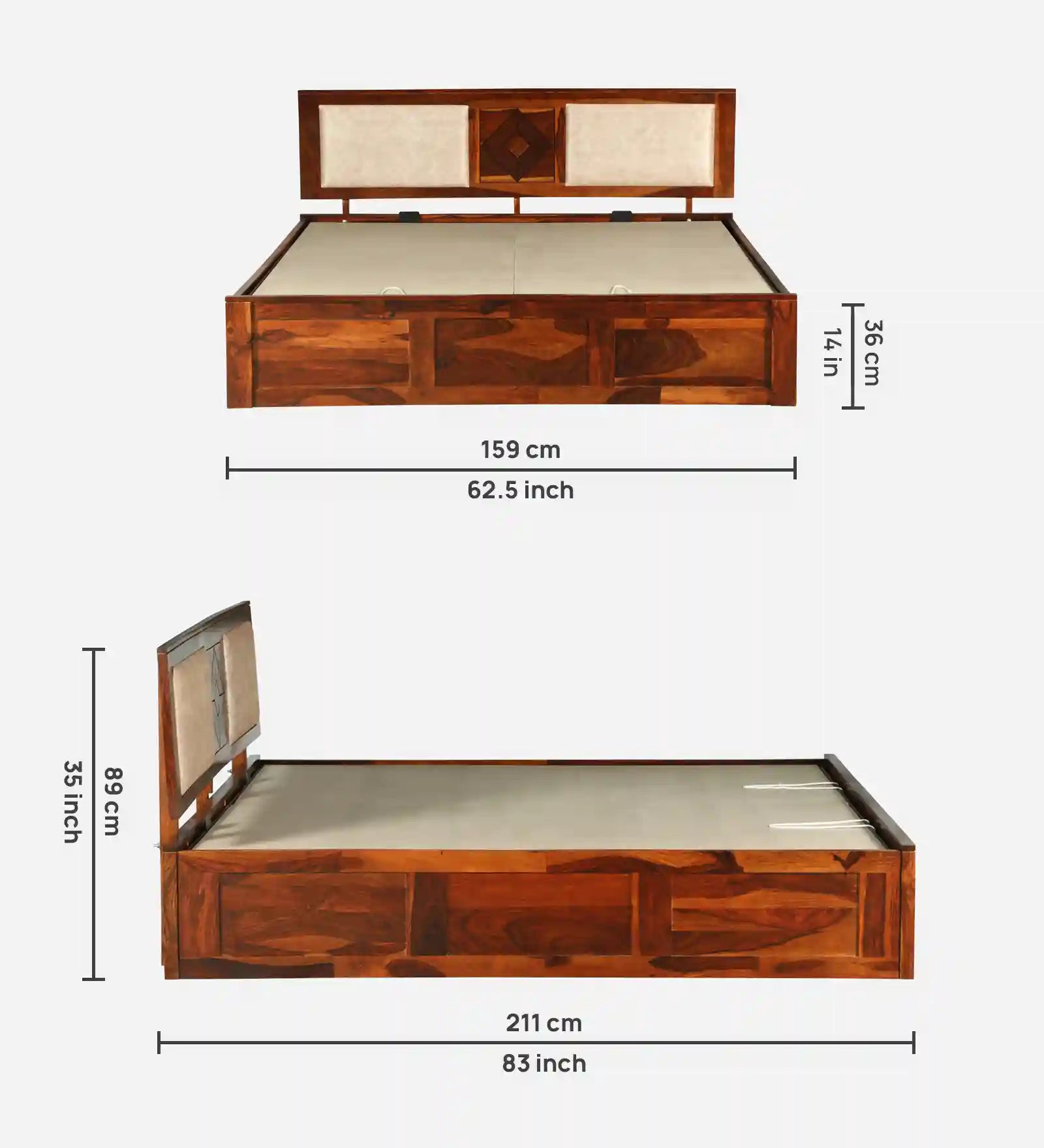 Shraya Solid Sheesham Wood Queen Size Bed With Hydraulic Storage