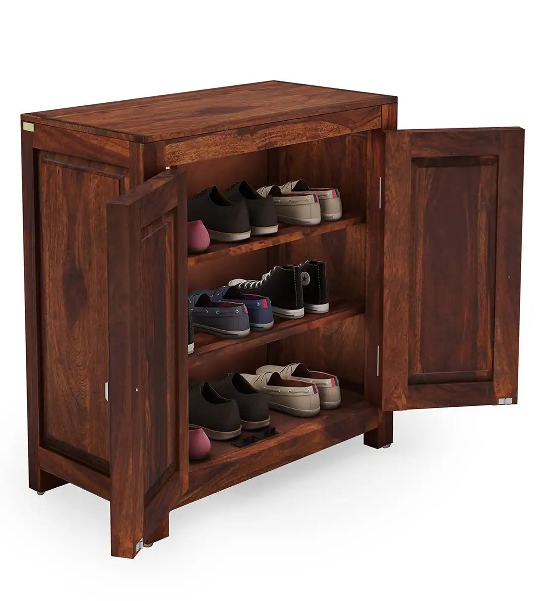 Sheesham wood shoe rack cabinet with multiple shelves for organized home storage
