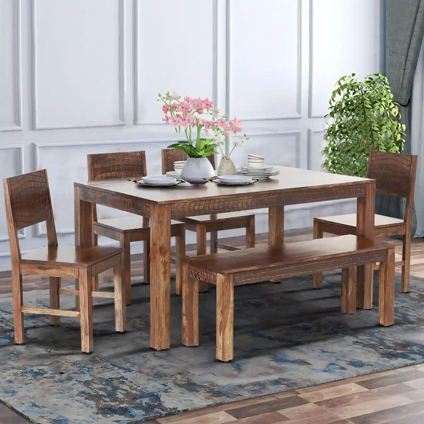 Sheesham wood six-seater dining set with bench Harmonia comfortable family furniture