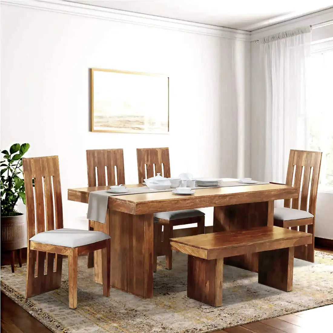 Sheesham wood six-seater dining set with bench Poster comfortable family furniture