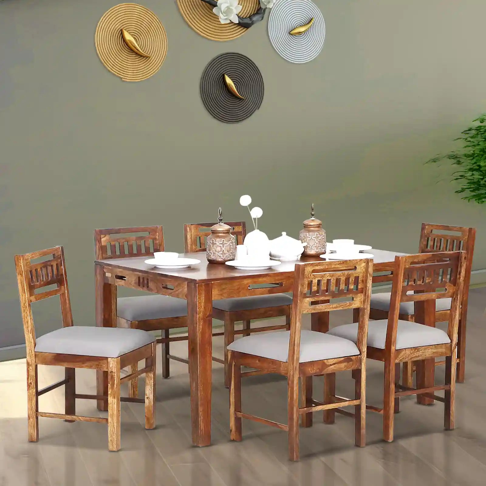 Sheesham wood traditional six-seater dining set Jenine comfortable family furniture