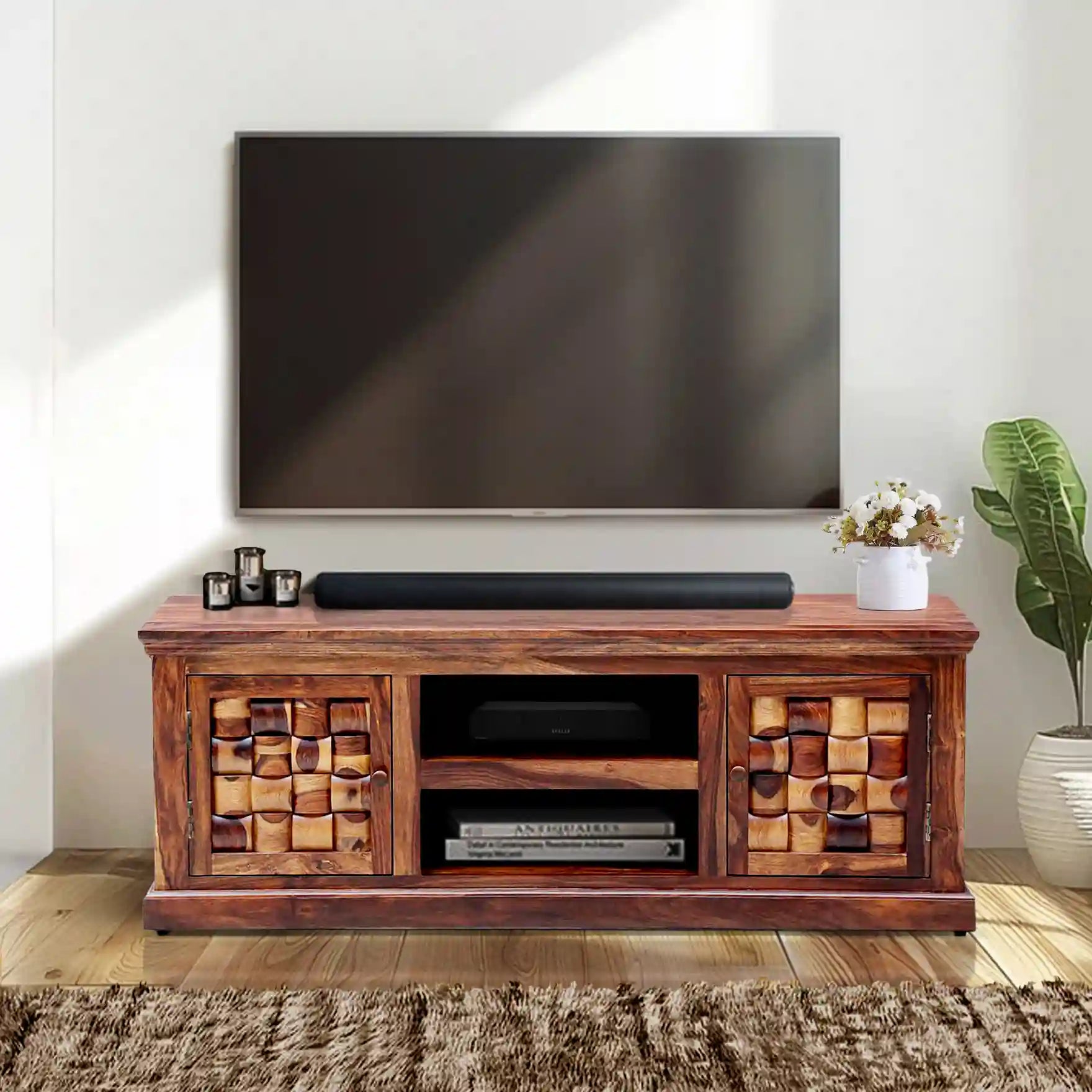 Sheesham wood tv unit with storage drawers Niware solid wood