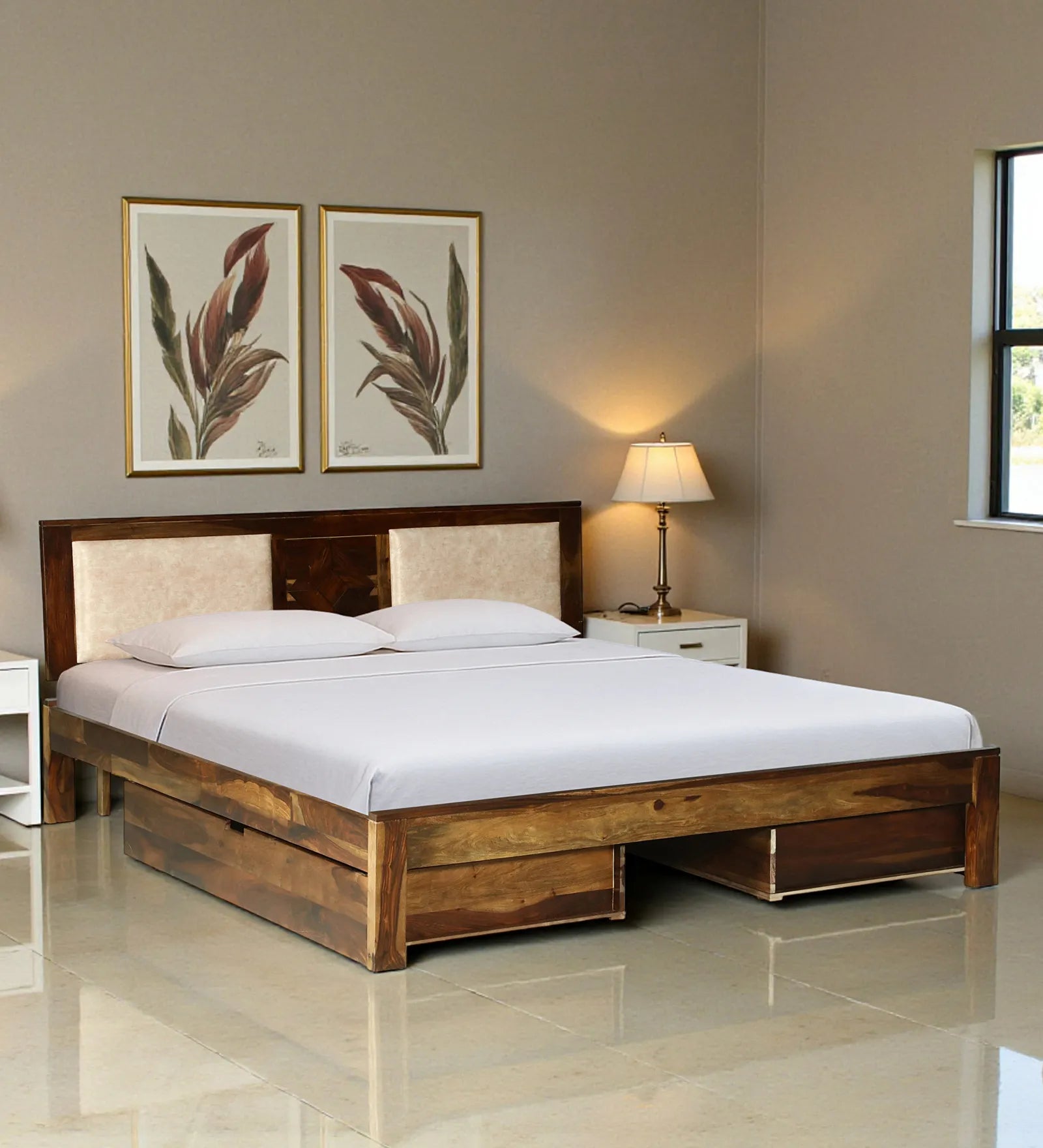 shraya sheesham wood king size drawer storage bed front elevation wooden bed india