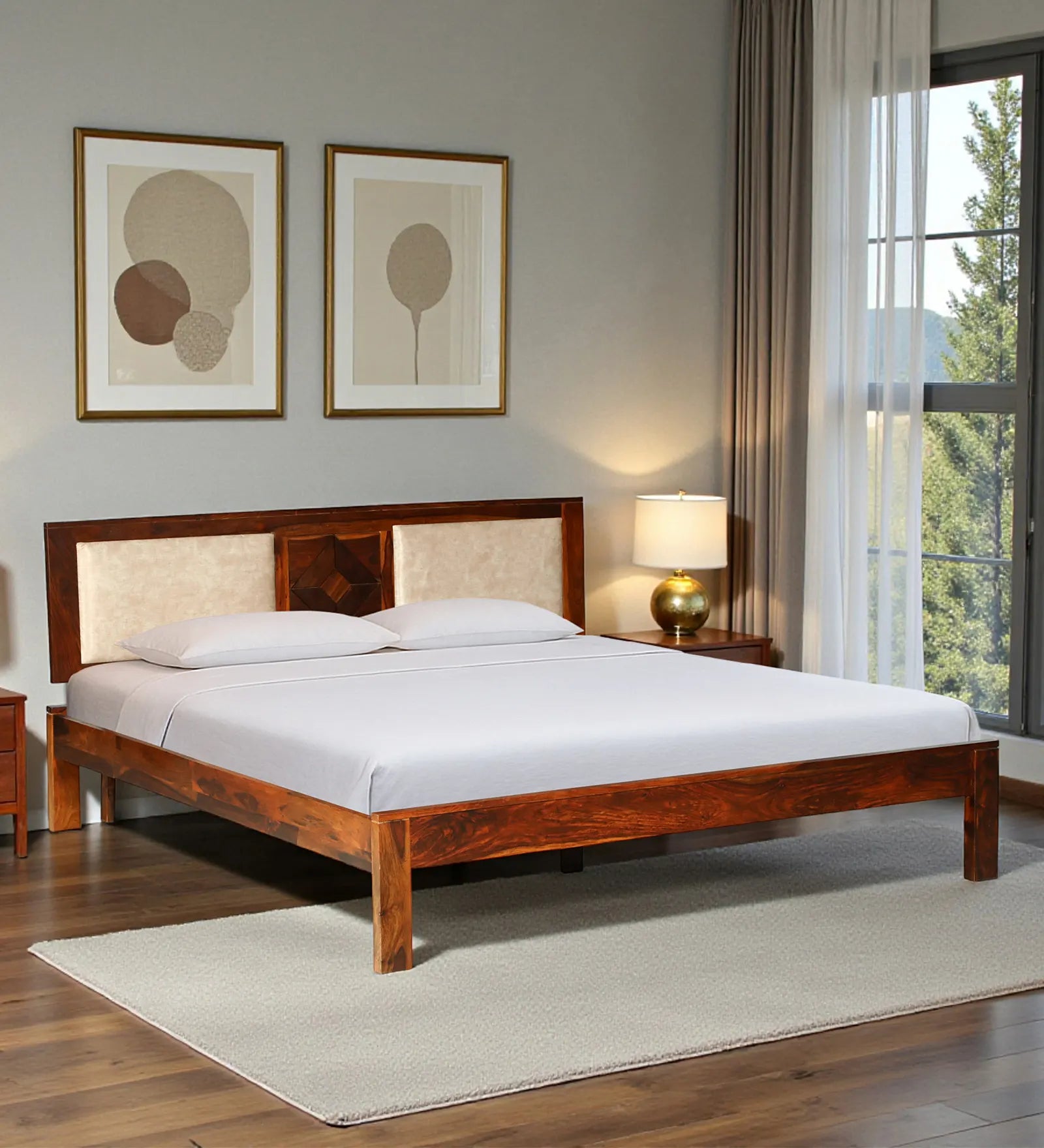 shraya sheesham wood queen size bed without storage front view teak finish modern design