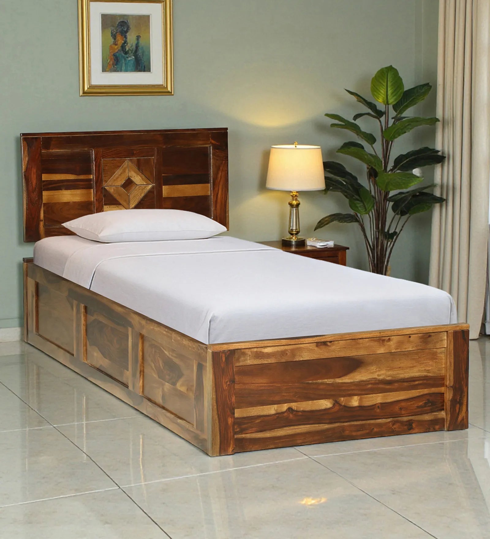 Shraya solid wood single bed with storage modern wooden bed India