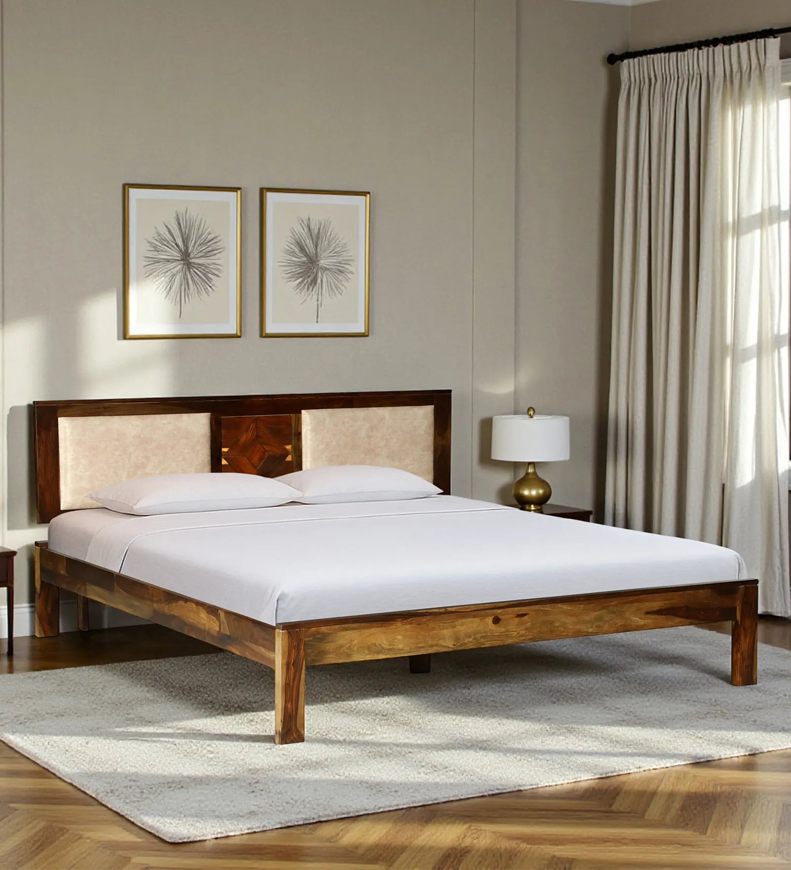 Shraya teak finish queen bed sheesham no storage clean frame