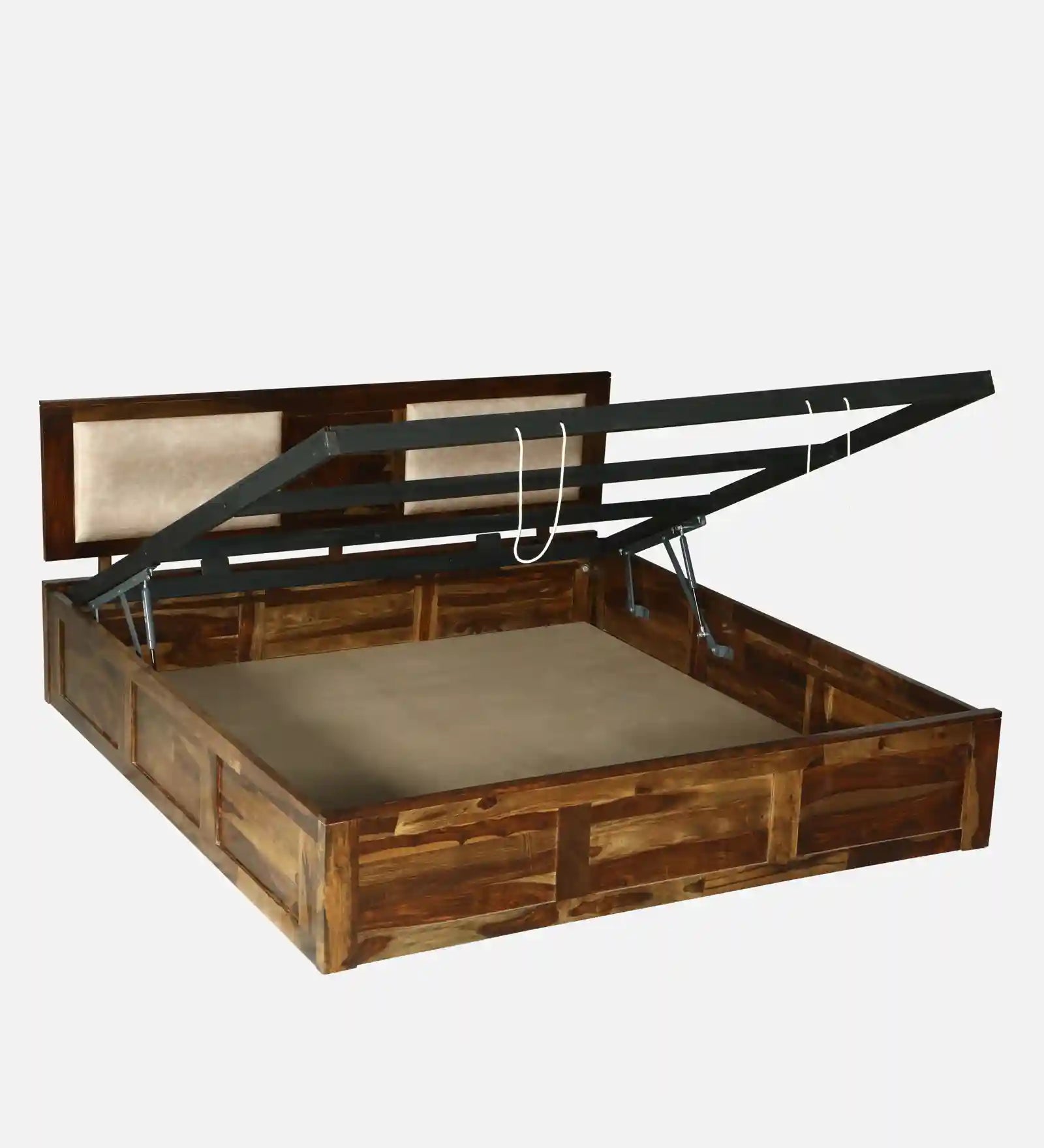 sheesham wood queen size hydraulic storage bed top surface layout india