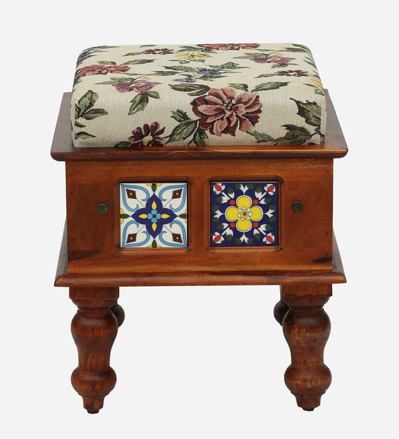 Anamika Sheesham Wood Seating Stool In Honey Oak Finish by Rajwada With Multicolor Cushion - Rajwada Furnish