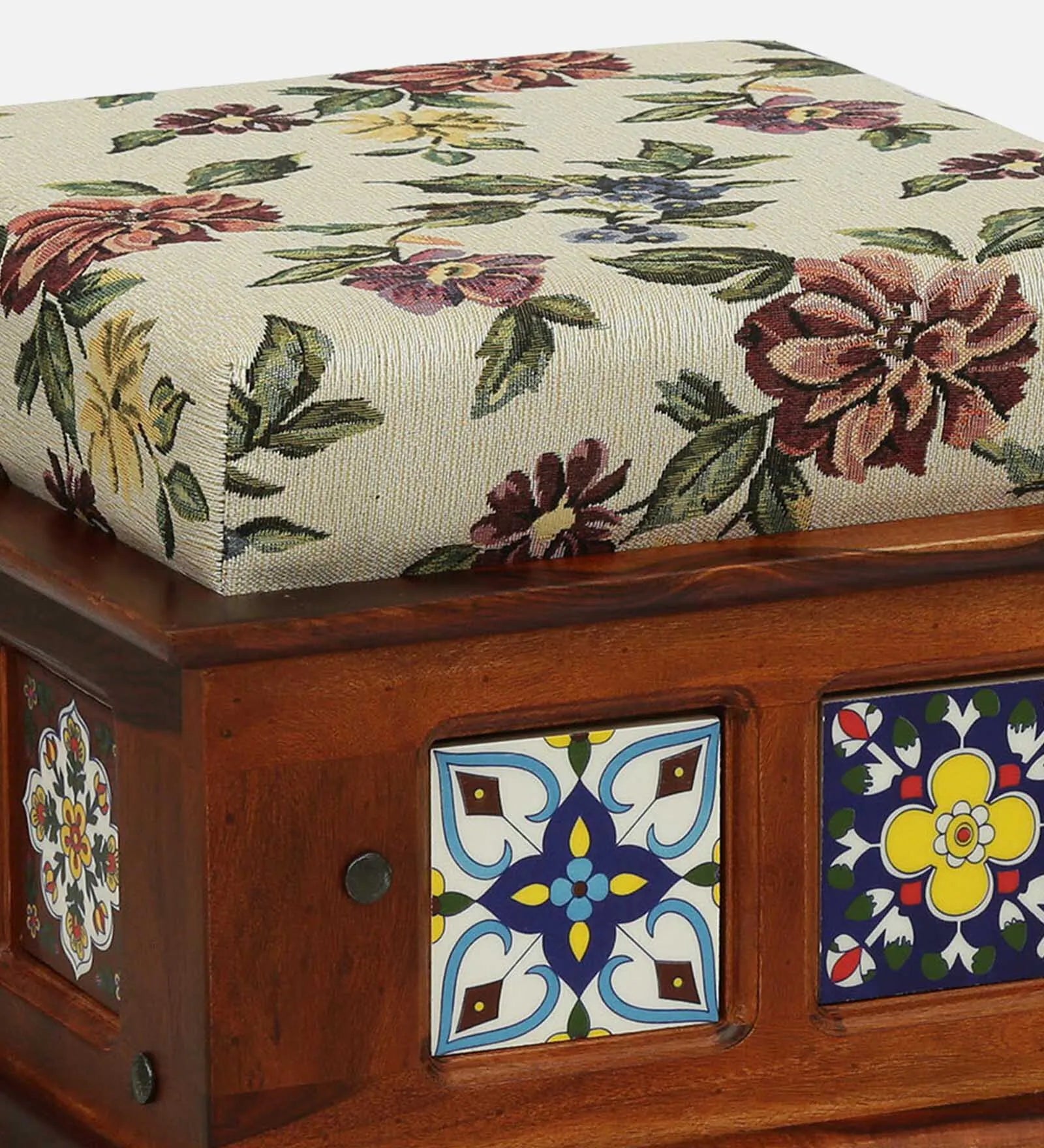 Anamika Sheesham Wood Seating Stool In Honey Oak Finish by Rajwada With Multicolor Cushion - Rajwada Furnish