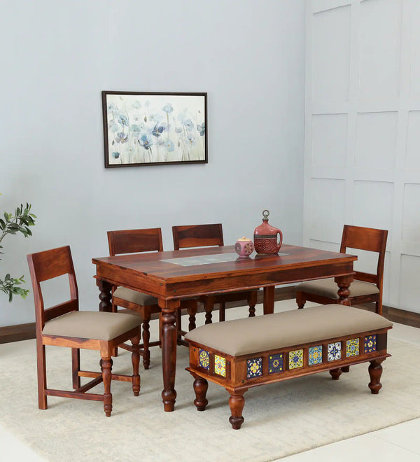 Anamika Sheesham Wood 6 Seater Dining Set In Honey Oak Finish by Rajwada  With Cushioned Bench