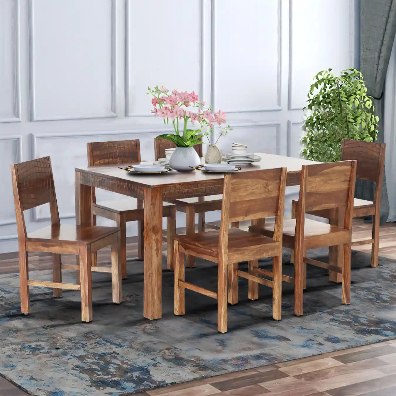 Six-seater dining set Harmonia solid sheesham wood traditional table set for family dining