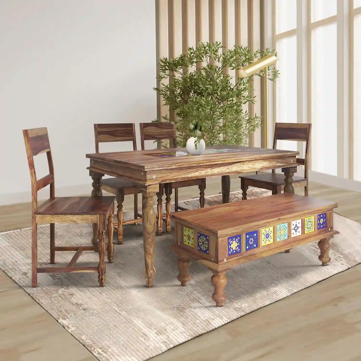 Six-seater dining set Indian rosewood solid sheesham wood table set for family dining
