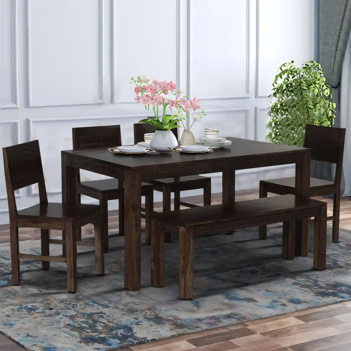 Six-seater dining set with bench Harmonia solid sheesham wood table set for family dining
