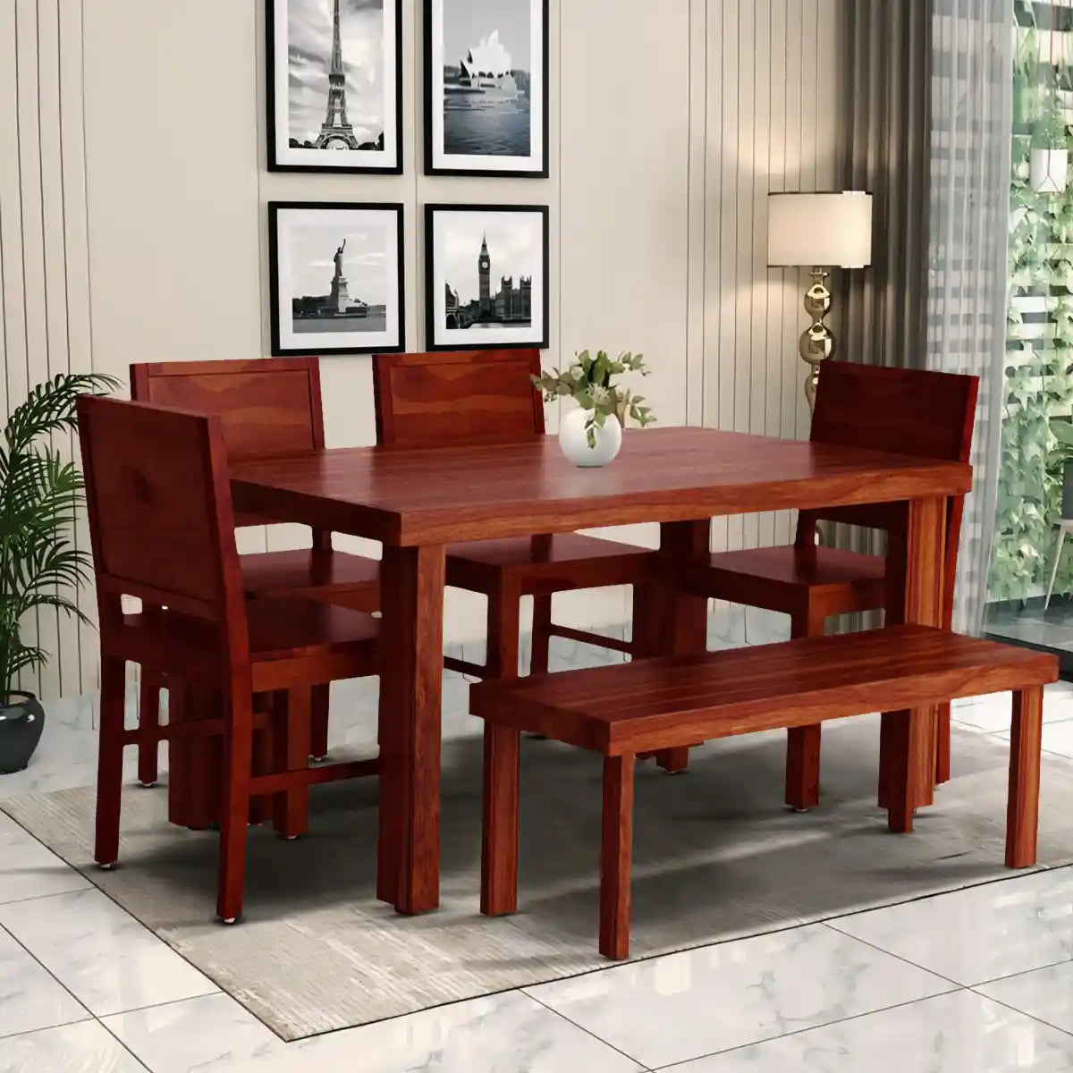 Solid sheesham wood six seater dining table set with modern design and durable finish for long lasting use