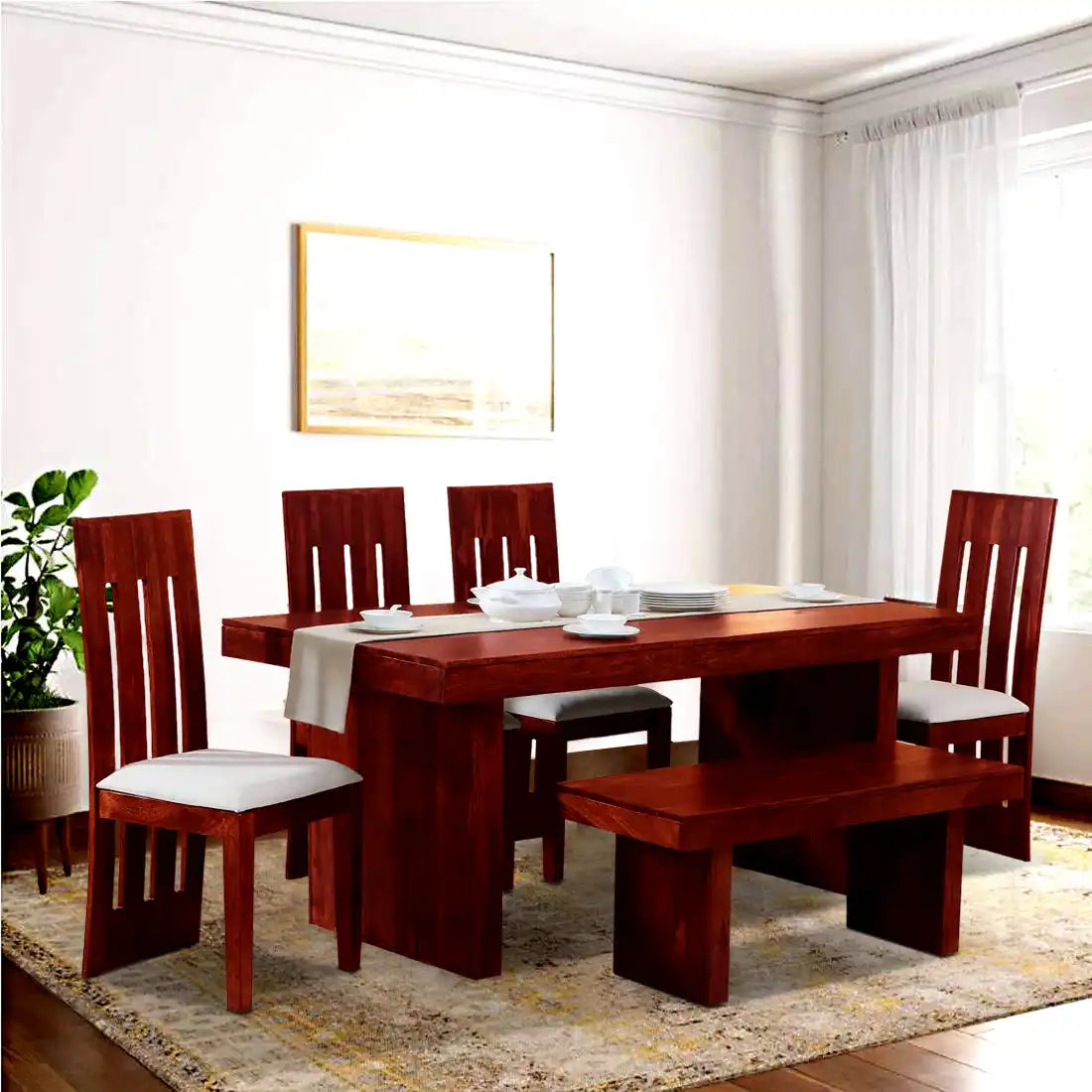 Solid sheesham wood six-seater dining table set with bench Poster design strong and durable furniture