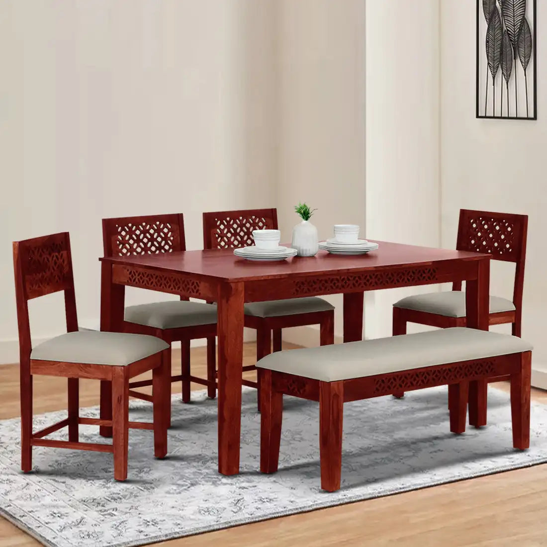 Solid sheesham wood six-seater dining table with bench Penza design strong and durable furniture