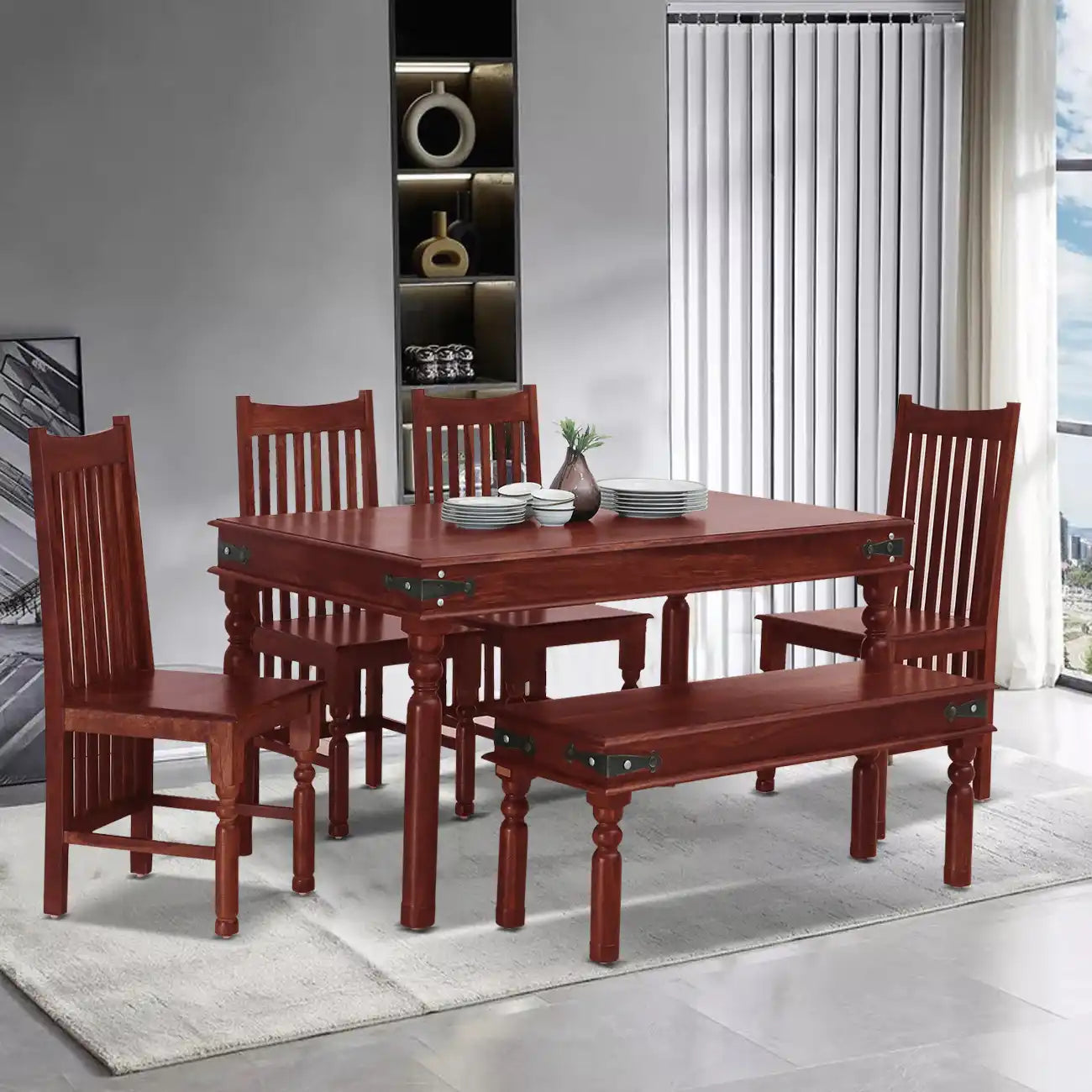 Solid sheesham wood six-seater dining table with bench Samrita design strong and durable furniture