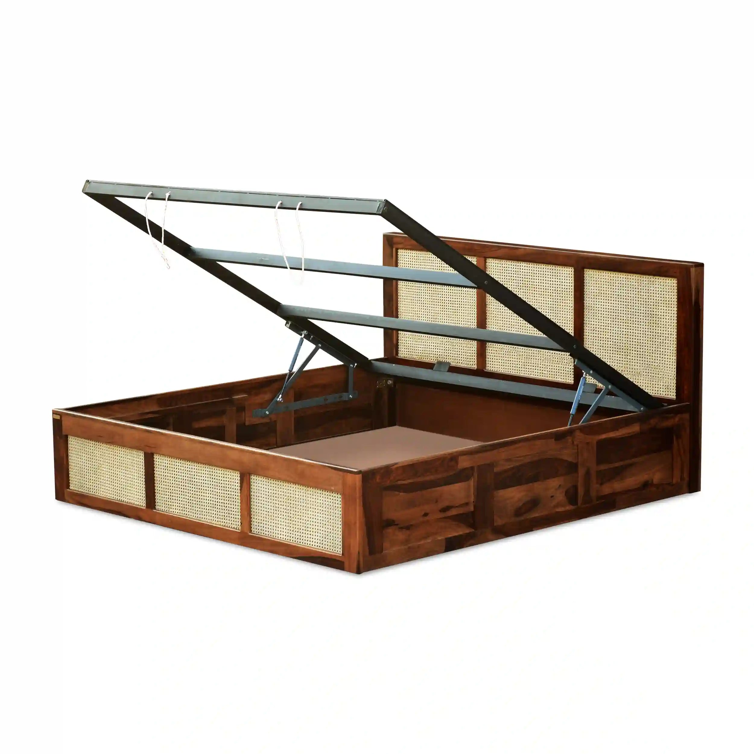 solid sheesham wood cane bed hydraulic storage side view premium wooden bed india