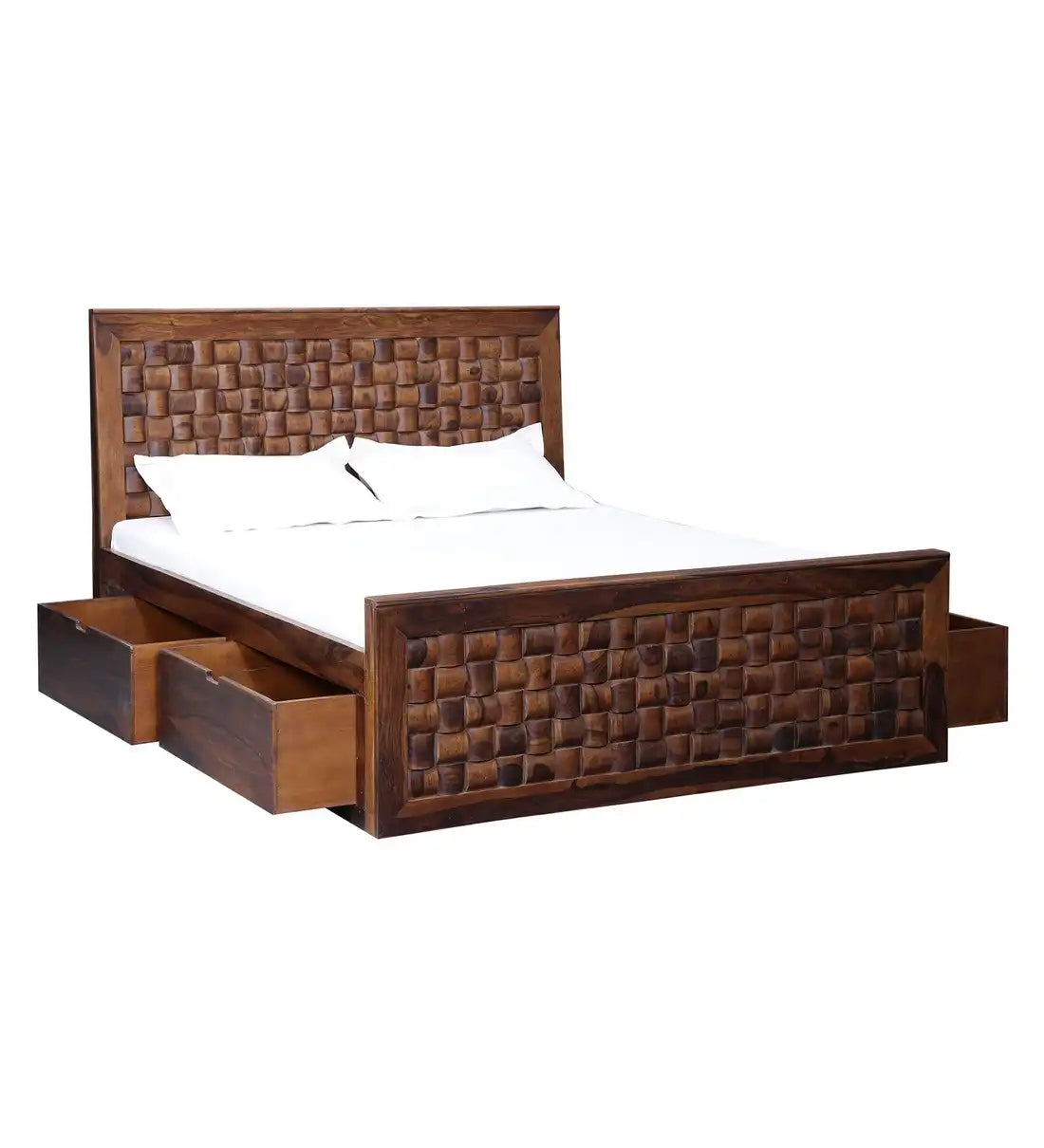 solid sheesham wood niwar drawer storage bed side view king size wooden bed india