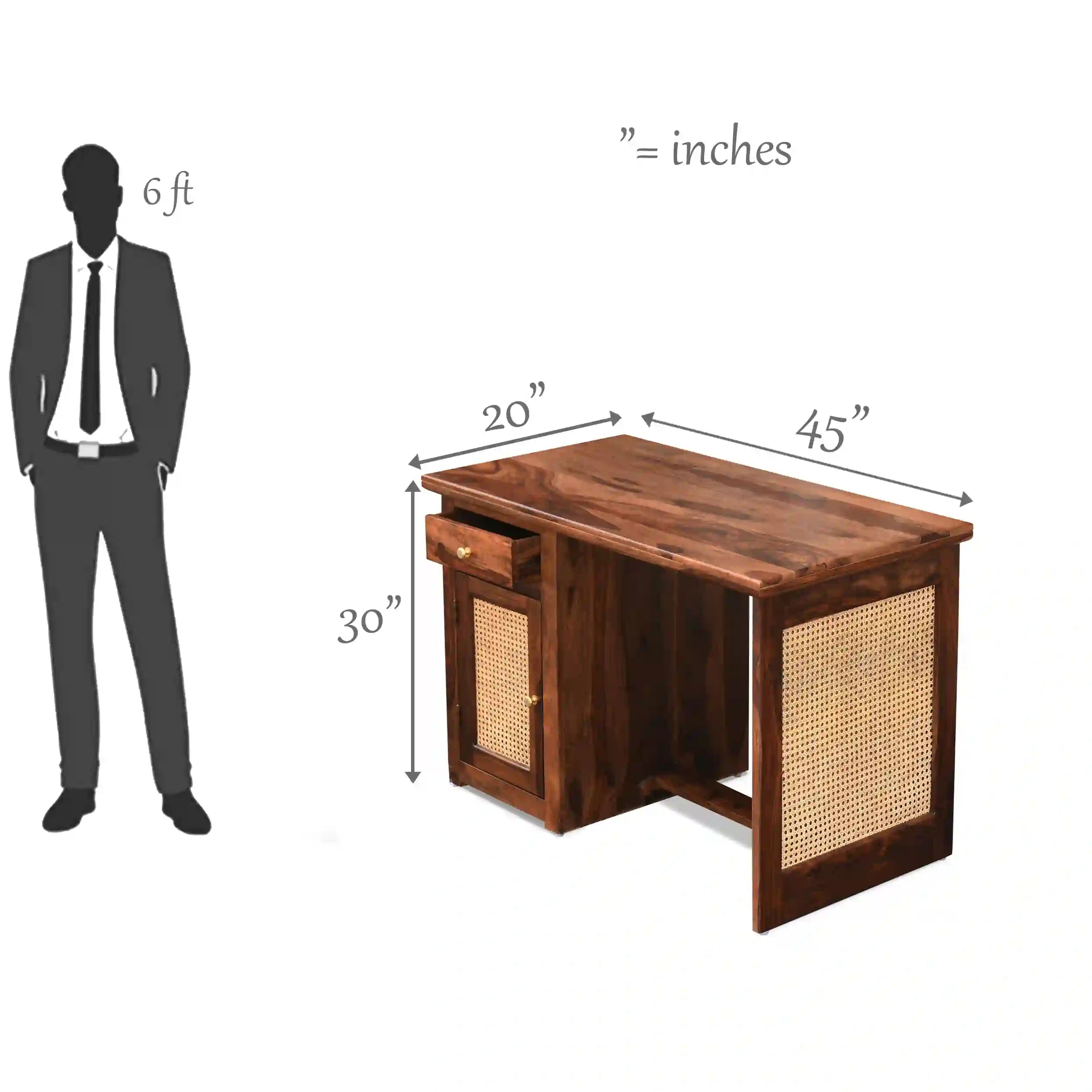 Space saving study table chair set sheesham wood cane design India