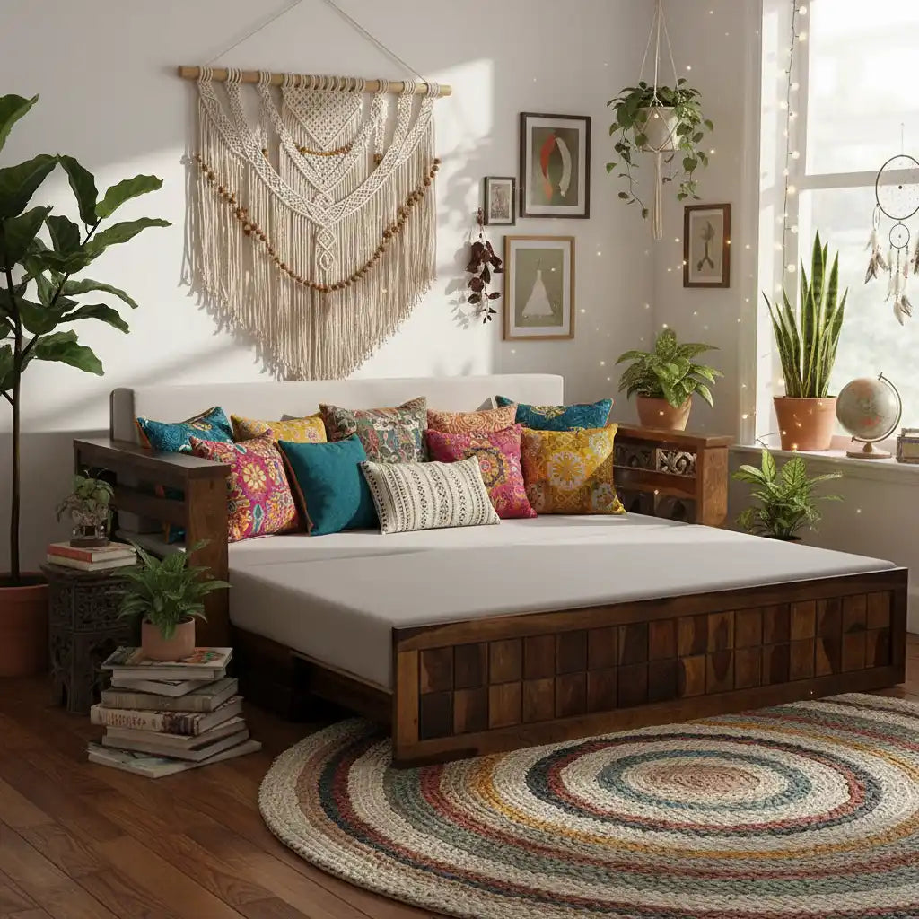 Space saving wooden sofa bed with storage solid wood convertible design
