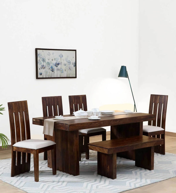 Oneil Solid Wood 6 Seater Dining Set with Bench In Provinical Teak Finish By Rajwada