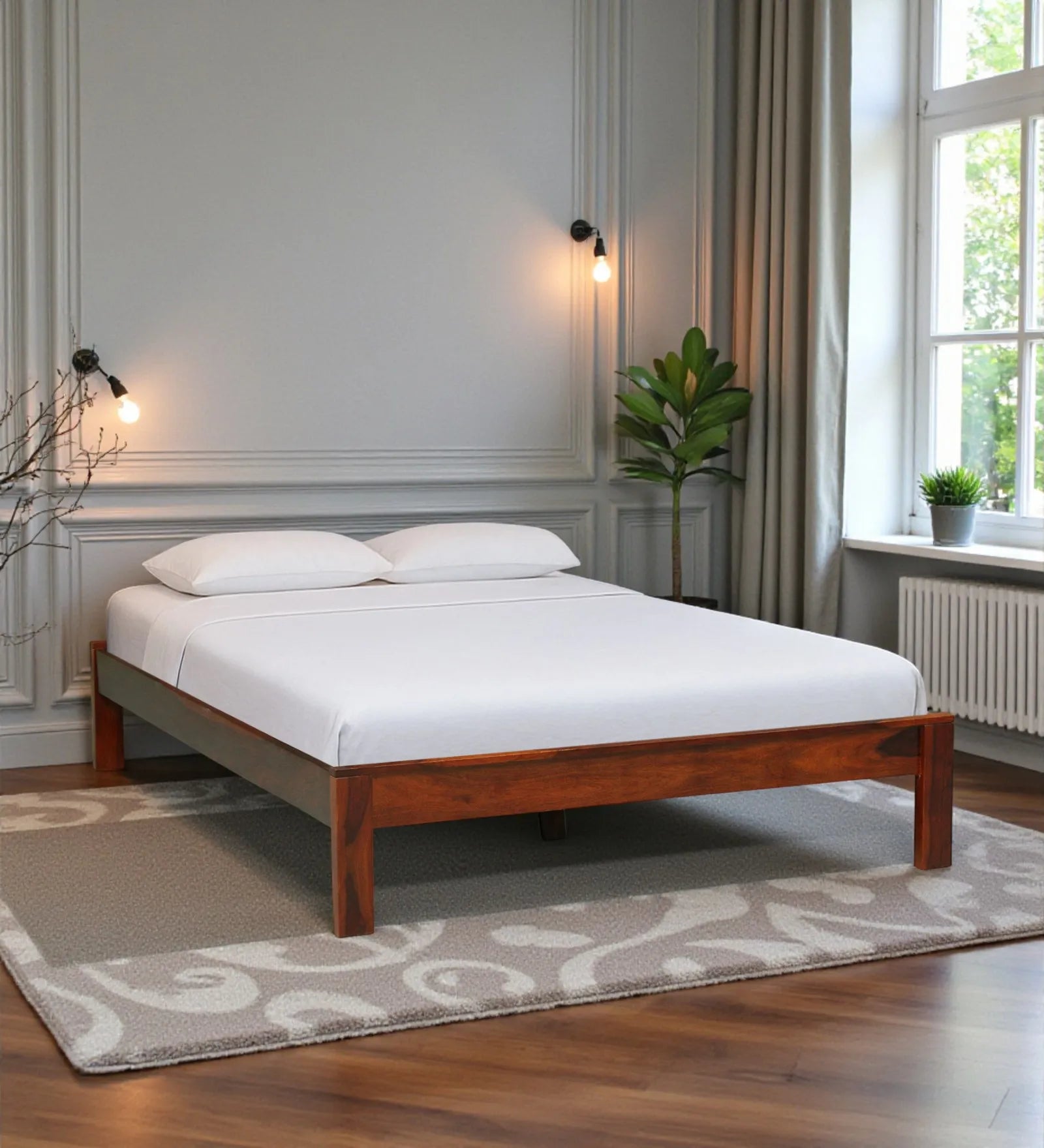 Sthira queen solid bed clean frame no storage wood design