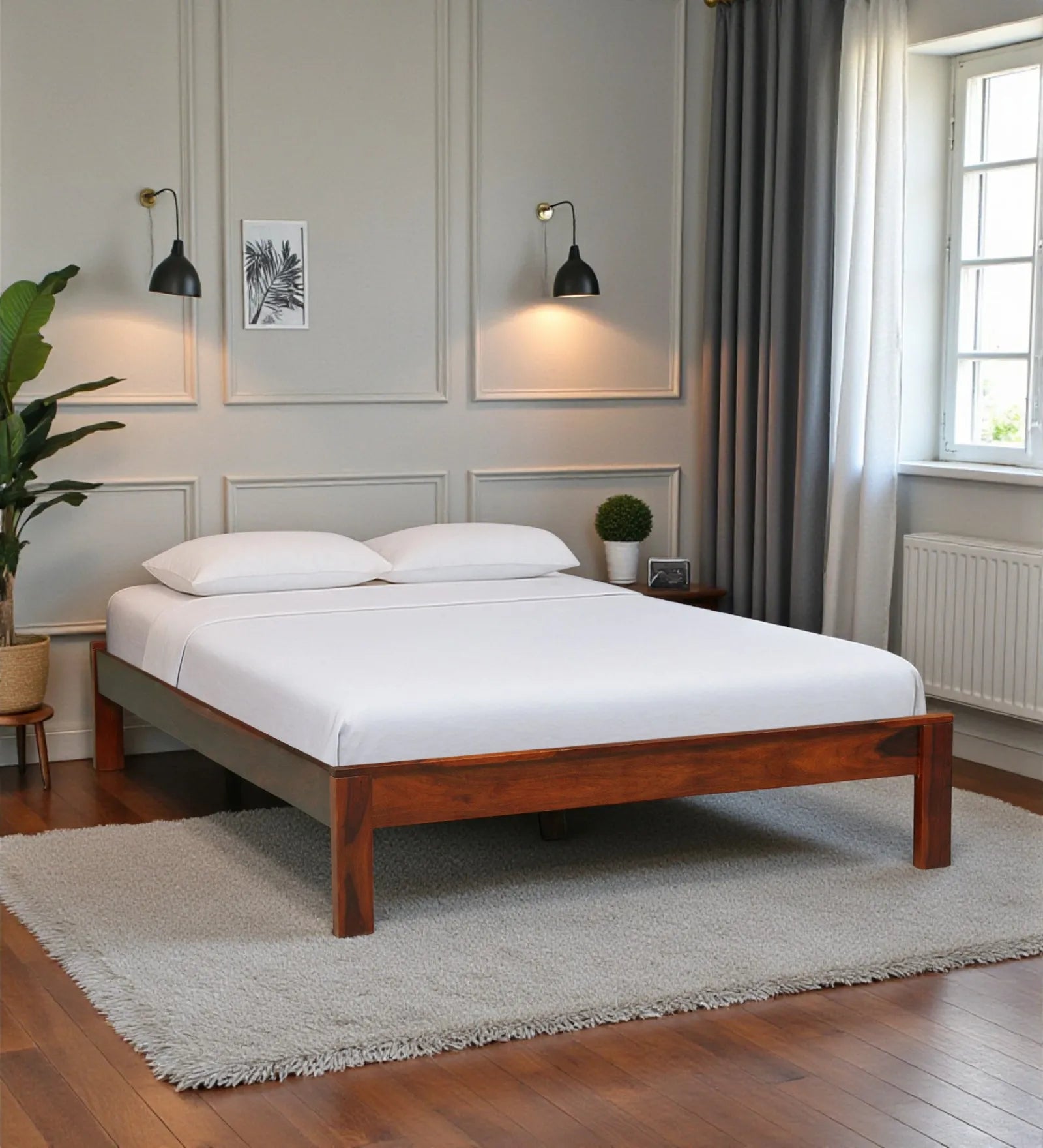 sthira solid wood king size bed without storage front view modern sheesham wood design