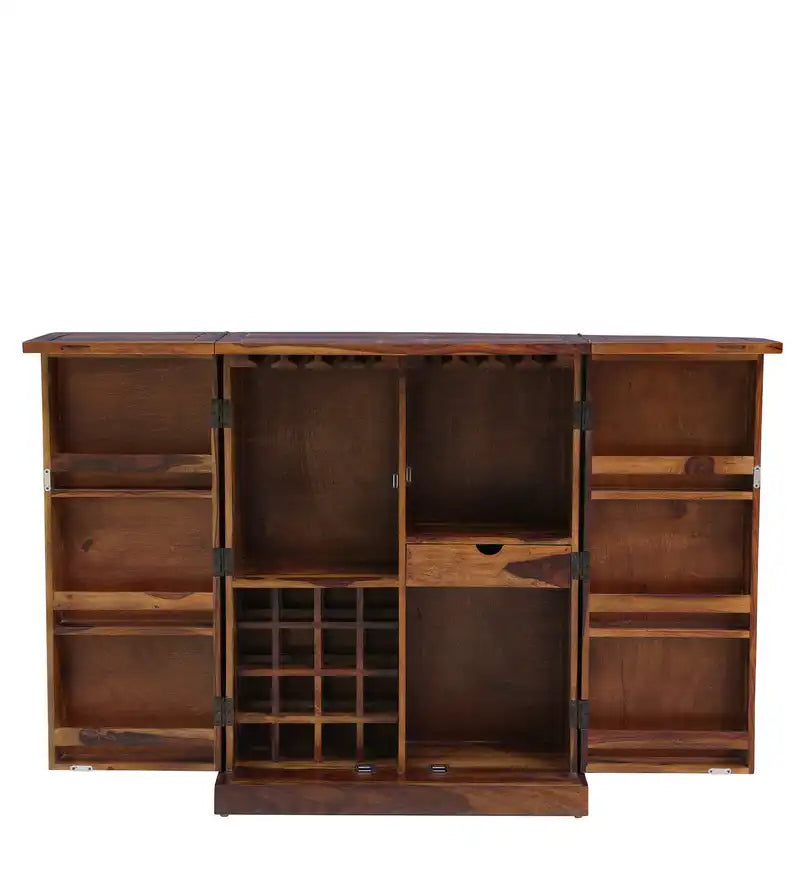 Tall bar cabinet in solid wood for home bar display and storage