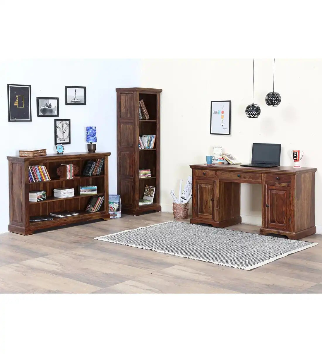 Tall wooden bookcase sheesham solid storage shelf for home library