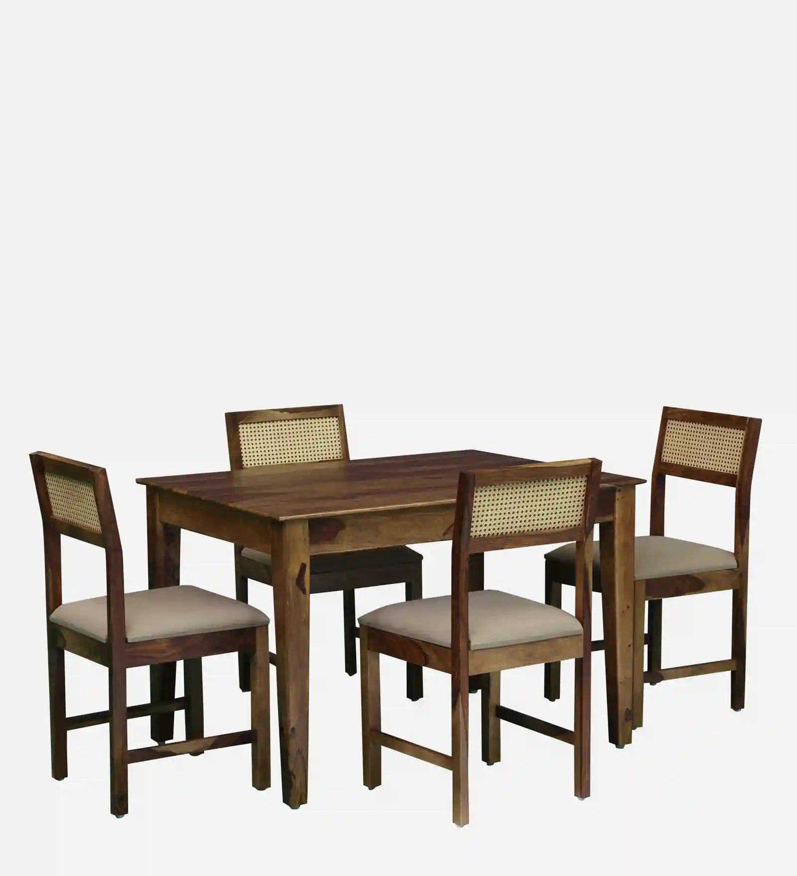 Teak finish rattan cane four seater dining table set made from solid sheesham wood
