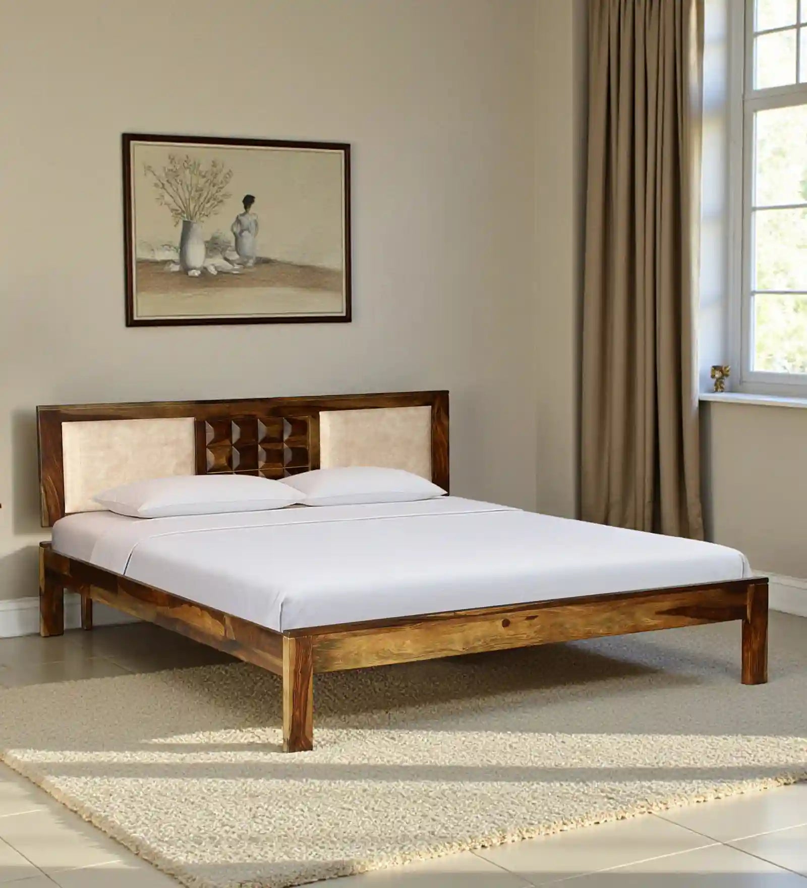 Tejas solid sheesham wood queen bed modern design frame