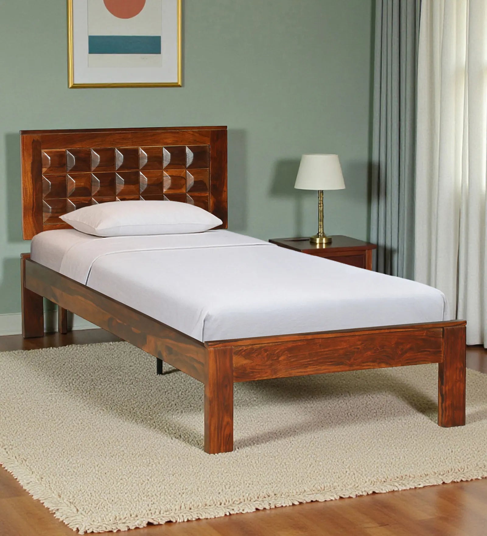 tejas solid wood single bed without storage front view modern sheesham wood design