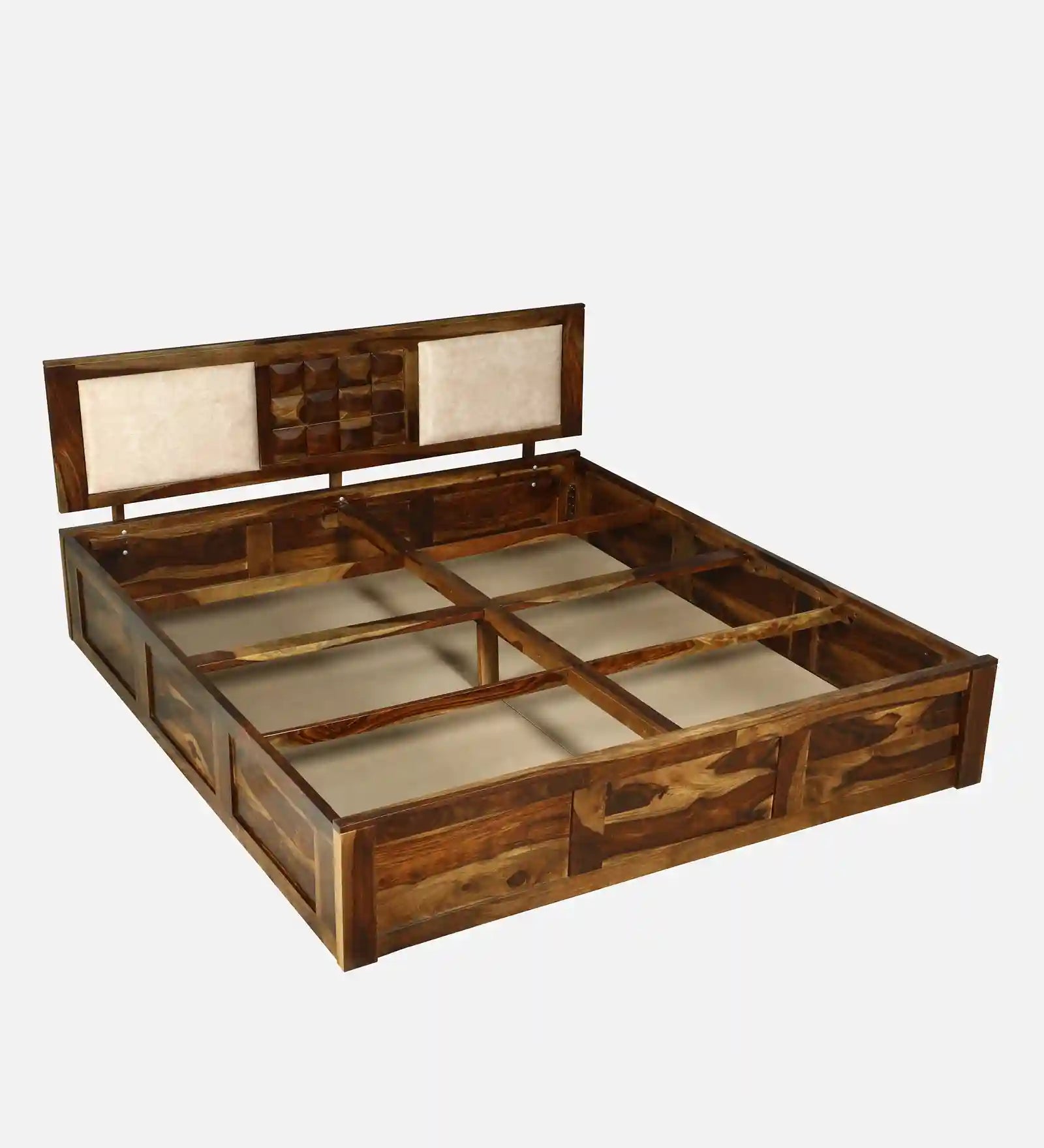 wooden bed storage compartment open view sheesham wood queen size storage bed india